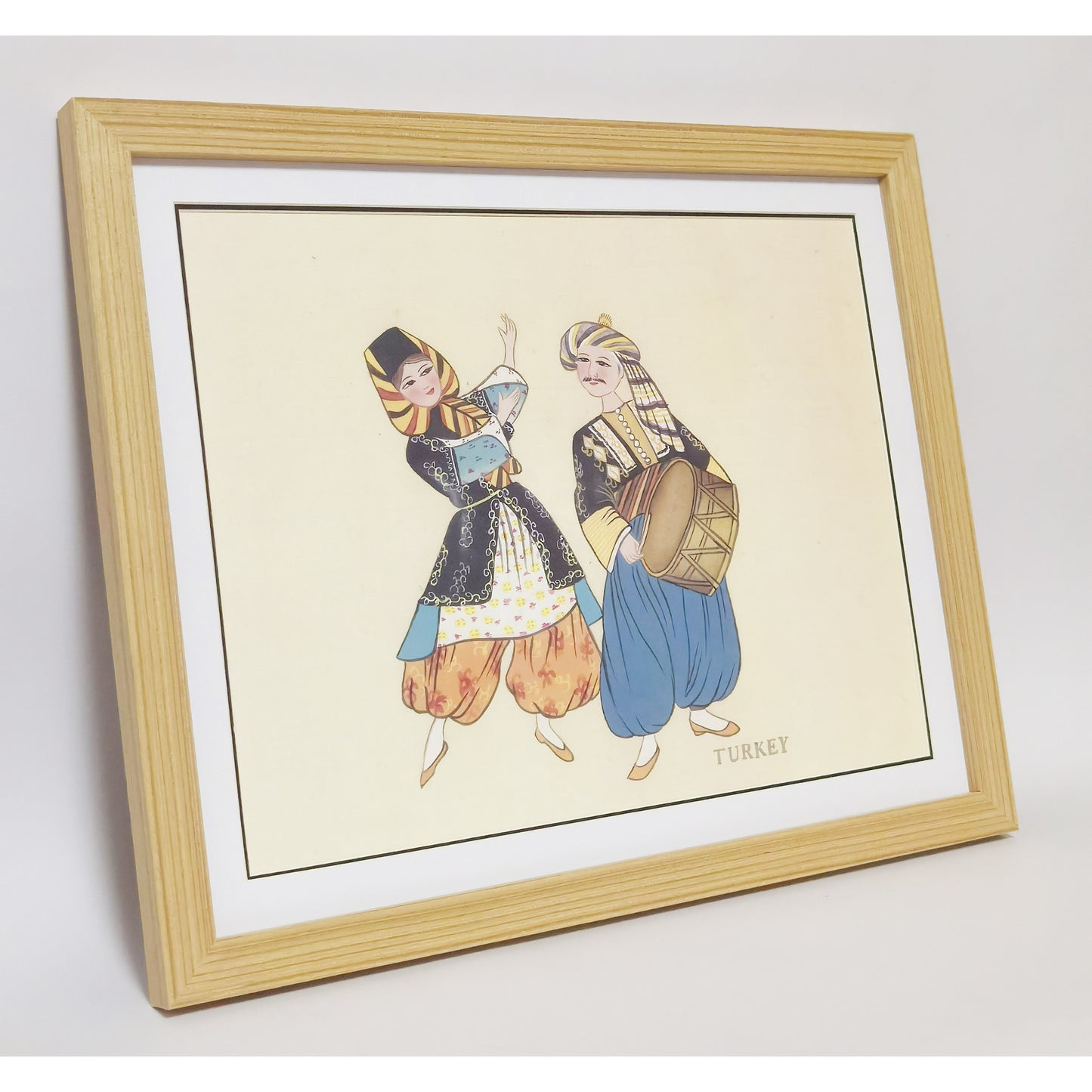 Hand-Painted Turkish Traditional Folk Art Men & Women Costumes, Wood Framed, MATT Paper Print