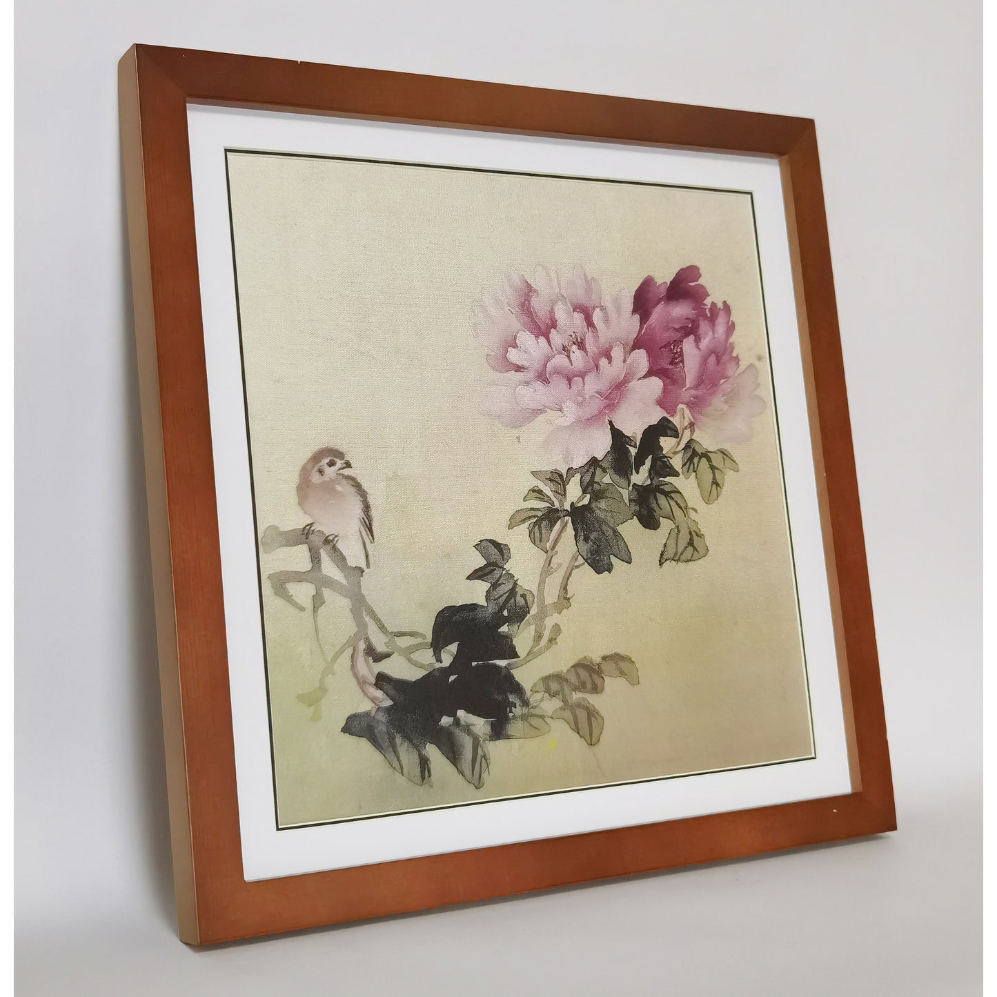 Hand-painted Peony & Bird Watercolor Artwork – Vibrant & Elegant, Premium MATT Paper, Natural Wood Frame, Multiple Sizes & Colors