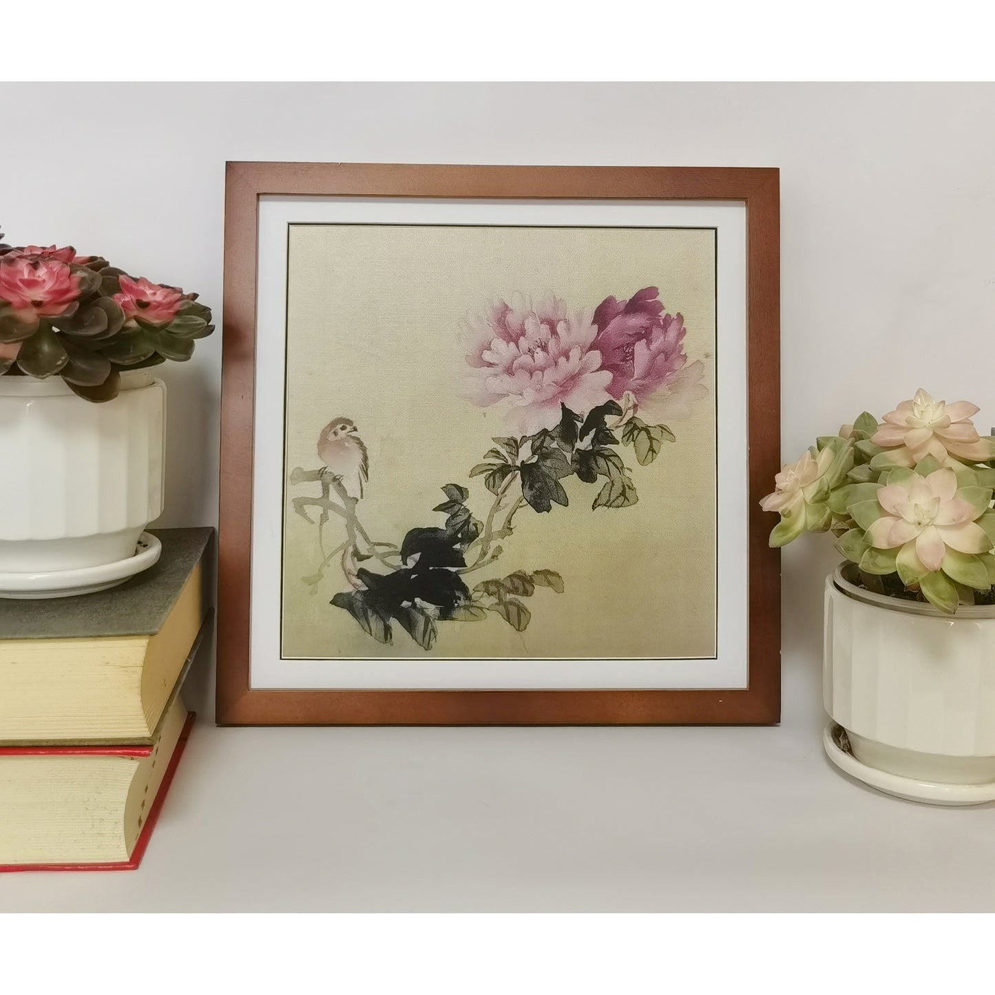 Hand-painted Peony & Bird Watercolor Artwork – Vibrant & Elegant, Premium MATT Paper, Natural Wood Frame, Multiple Sizes & Colors
