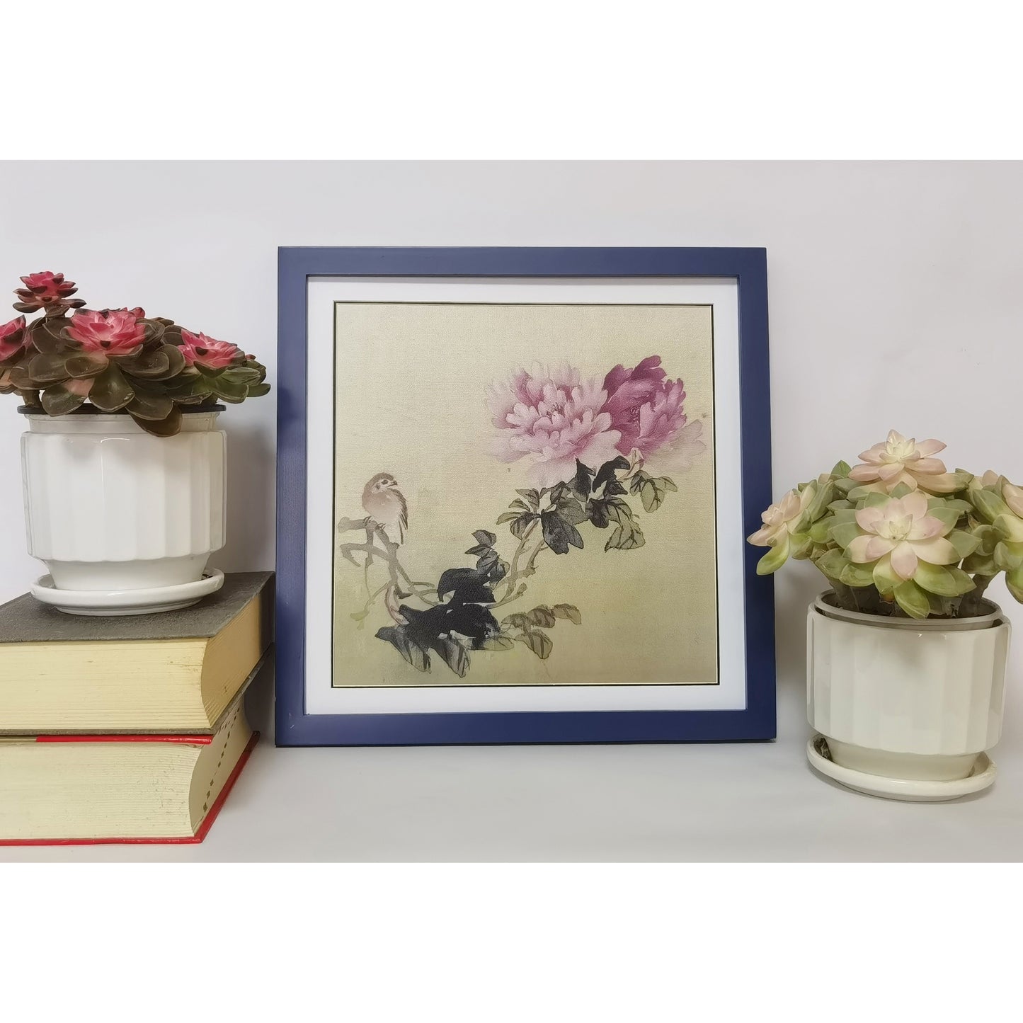 Hand-painted Peony & Bird Watercolor Artwork – Vibrant & Elegant, Premium MATT Paper, Natural Wood Frame, Multiple Sizes & Colors