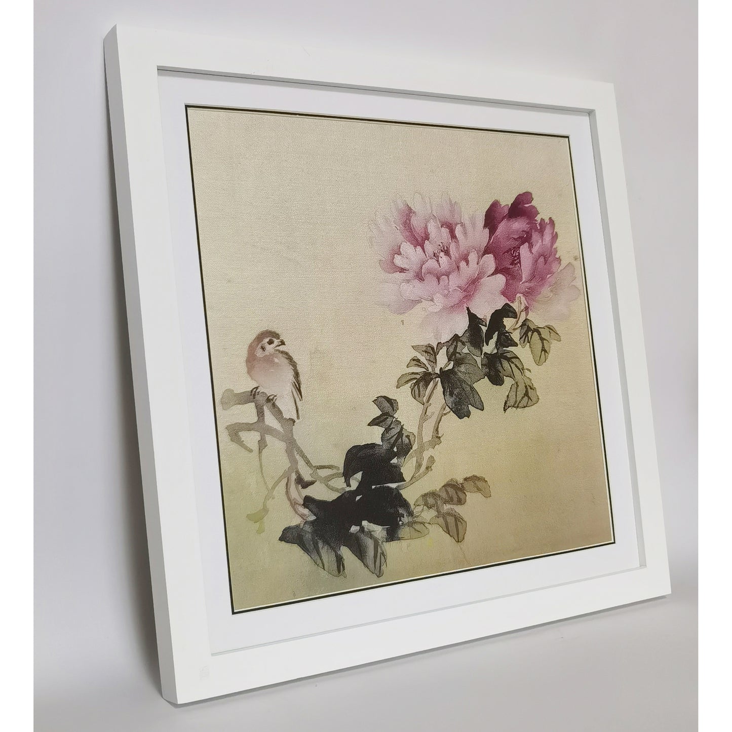 Hand-painted Peony & Bird Watercolor Artwork – Vibrant & Elegant, Premium MATT Paper, Natural Wood Frame, Multiple Sizes & Colors