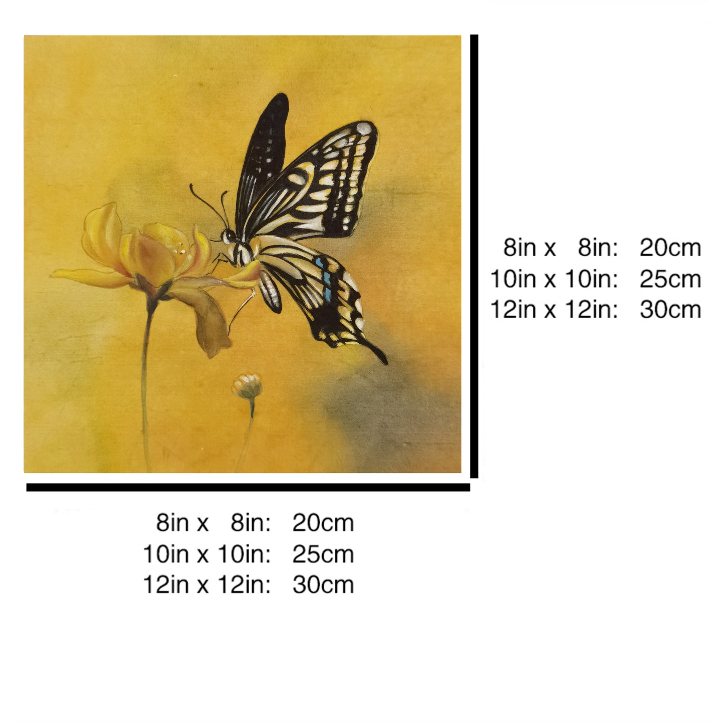 Hand-painted Butterfly on Flower Artwork – Fine Brush Technique, Premium MATT Paper, Natural Wood Frame, Multiple Sizes & Colors
