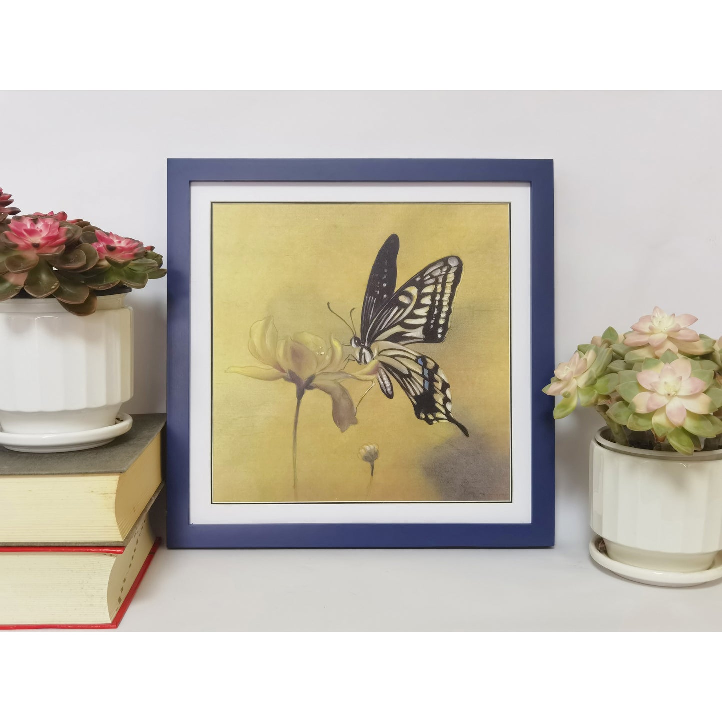 Hand-painted Butterfly on Flower Artwork – Fine Brush Technique, Premium MATT Paper, Natural Wood Frame, Multiple Sizes & Colors