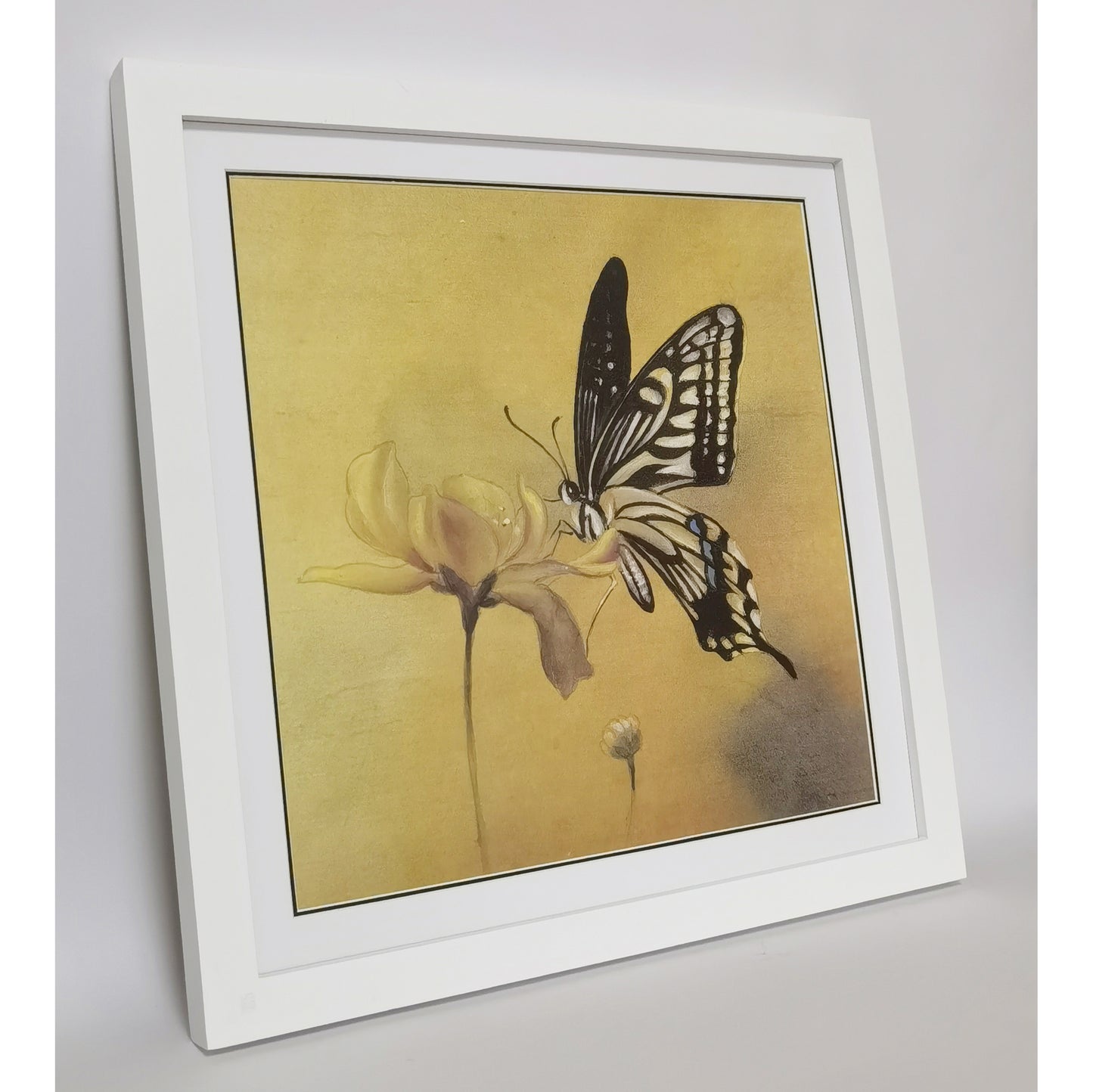 Hand-painted Butterfly on Flower Artwork – Fine Brush Technique, Premium MATT Paper, Natural Wood Frame, Multiple Sizes & Colors
