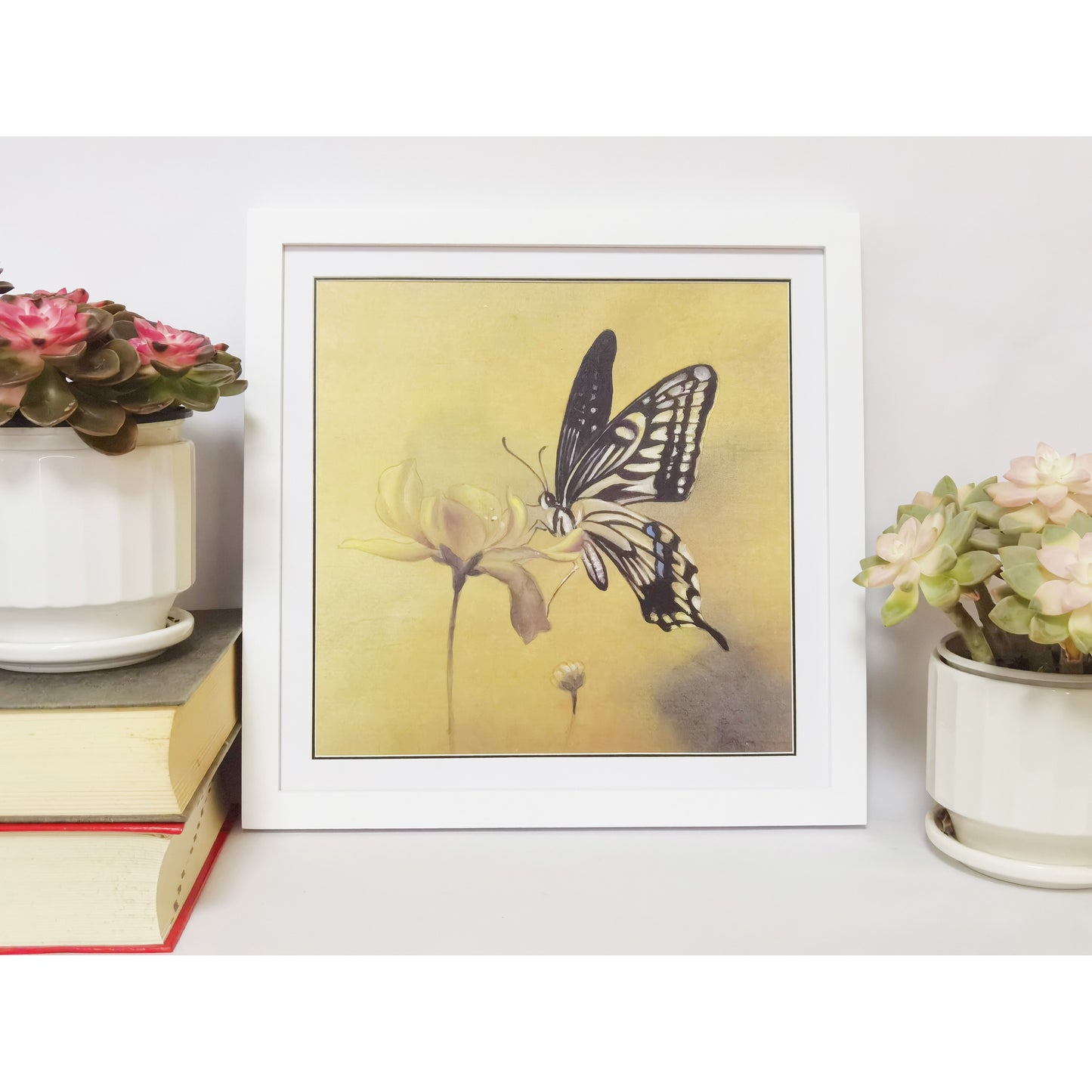 Hand-painted Butterfly on Flower Artwork – Fine Brush Technique, Premium MATT Paper, Natural Wood Frame, Multiple Sizes & Colors