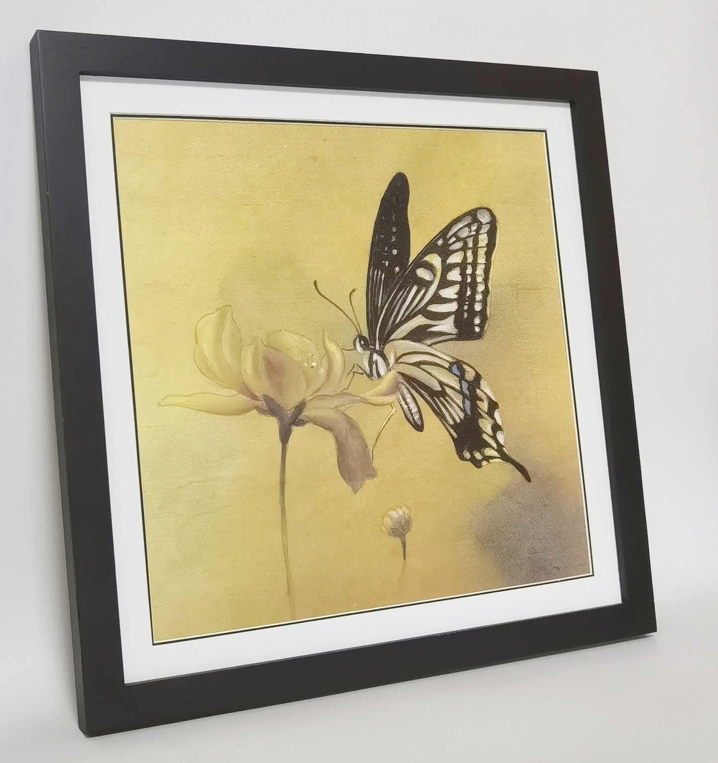 Hand-painted Butterfly on Flower Artwork – Fine Brush Technique, Premium MATT Paper, Natural Wood Frame, Multiple Sizes & Colors