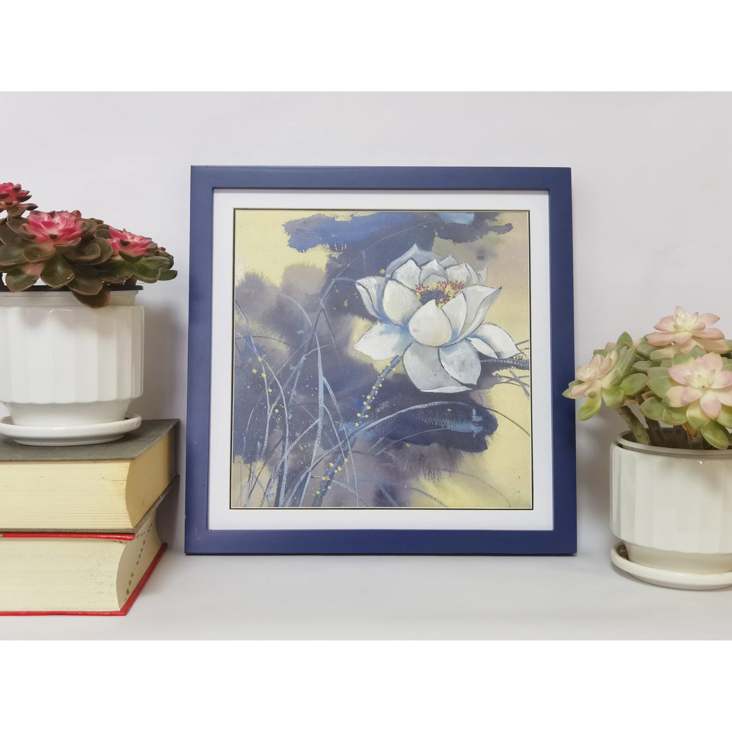 Hand-painted White Lotus Artwork – Watercolor Technique, Premium MATT Paper, Natural Wood Frame, Multiple Sizes & Colors