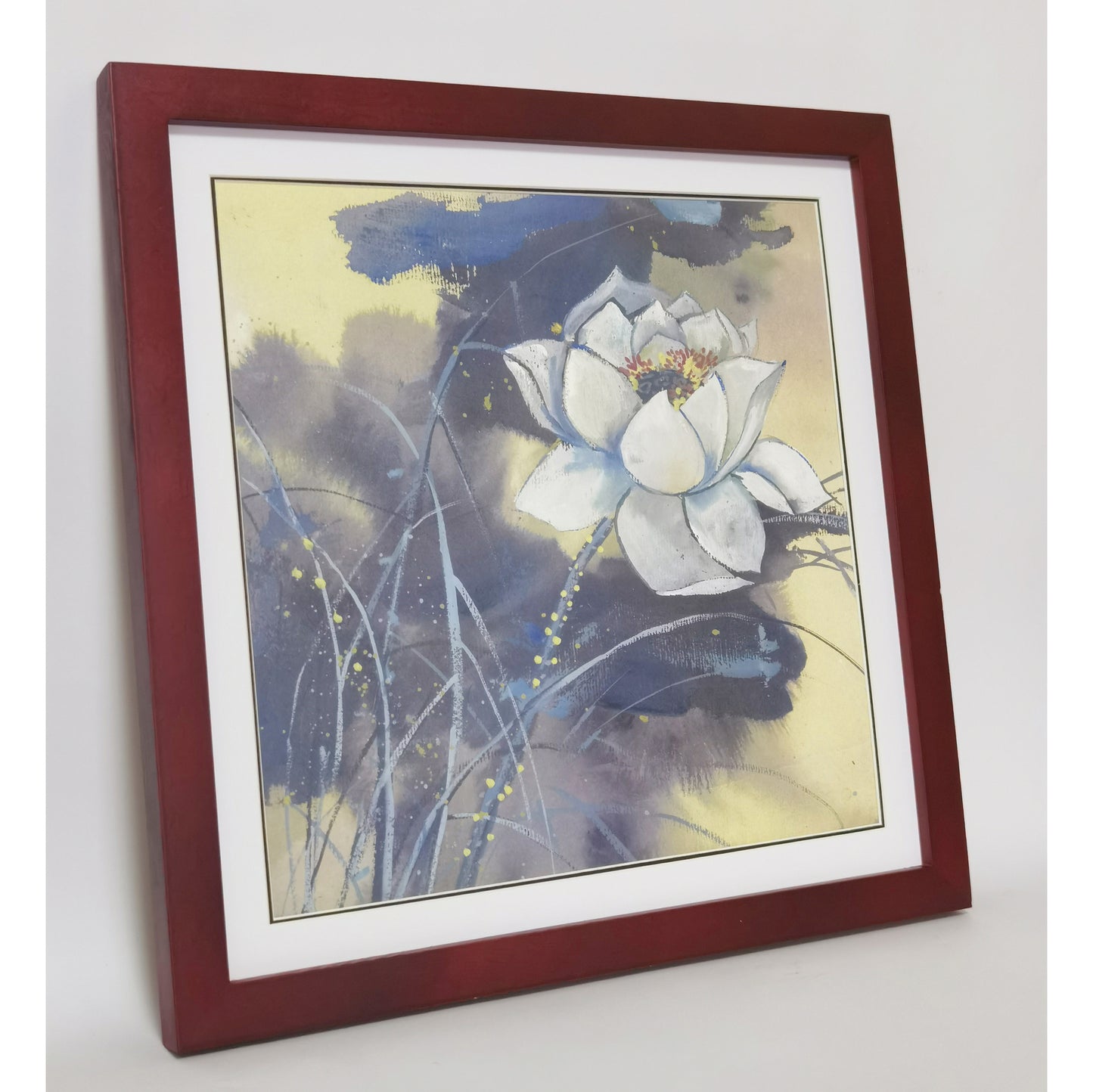 Hand-painted White Lotus Artwork – Watercolor Technique, Premium MATT Paper, Natural Wood Frame, Multiple Sizes & Colors