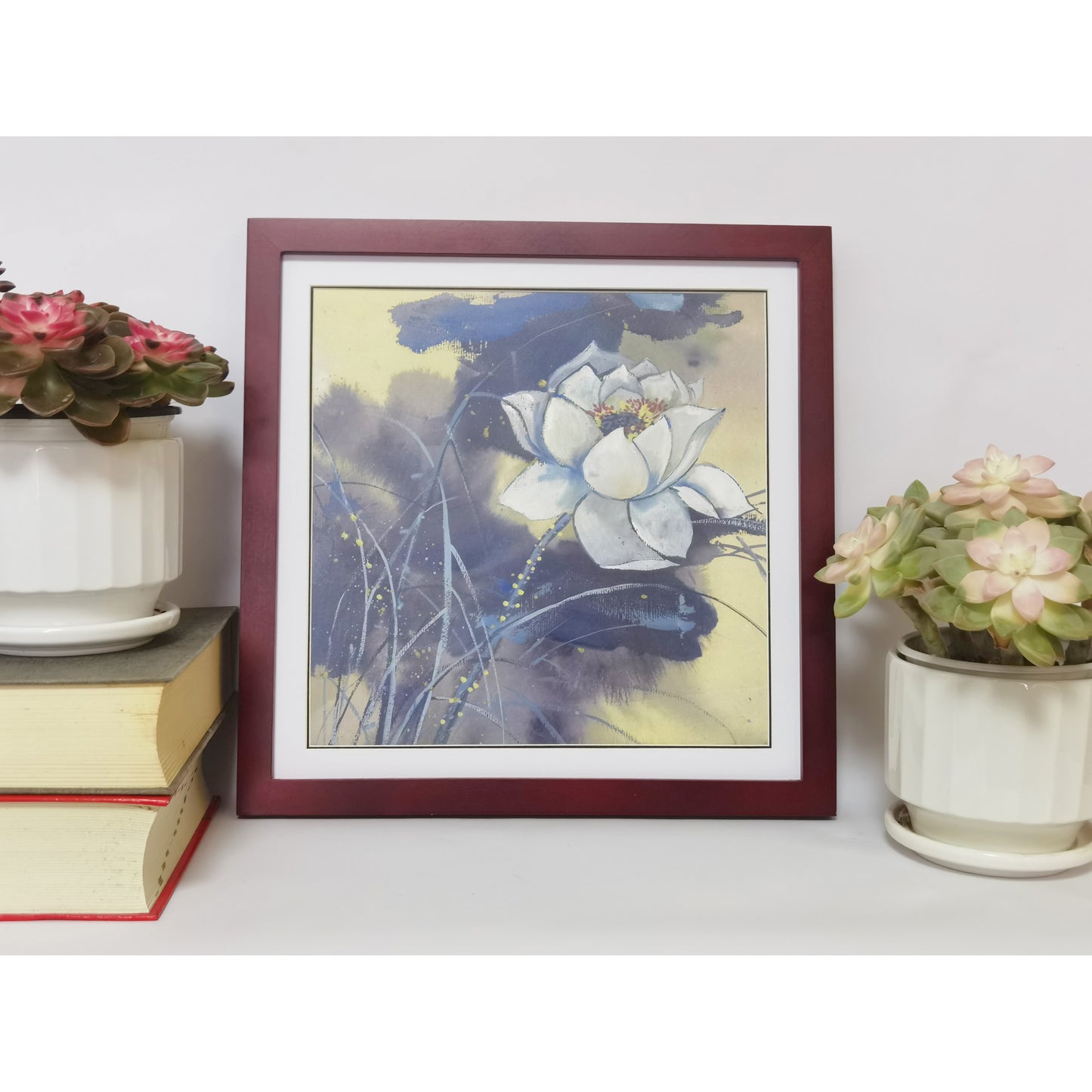Hand-painted White Lotus Artwork – Watercolor Technique, Premium MATT Paper, Natural Wood Frame, Multiple Sizes & Colors