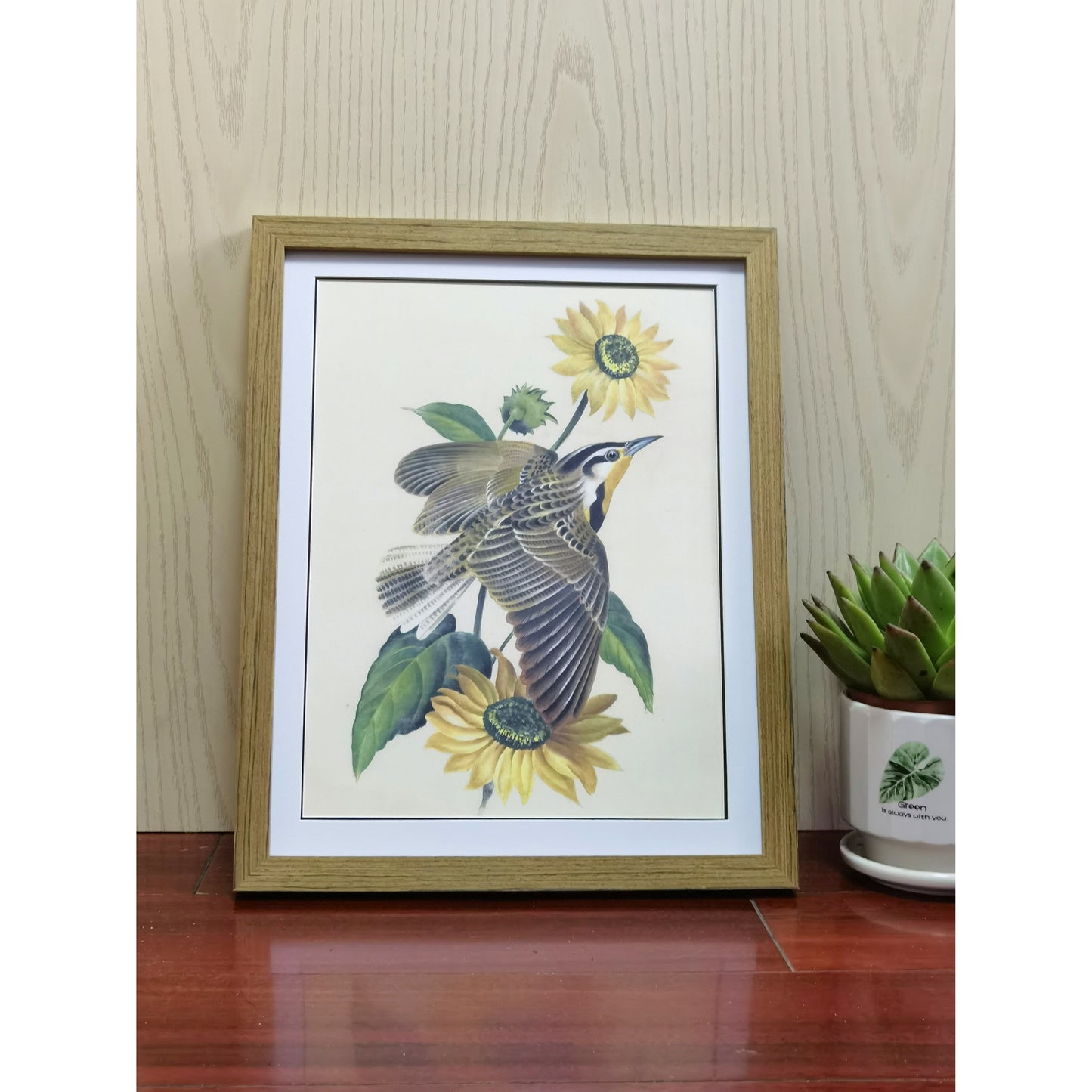 Kansas Western Meadowlark Hand-painted Art Print - Premium MATT Paper, Natural Wood Frame, Multiple Sizes & Colors, Wall & Tabletop Décor
