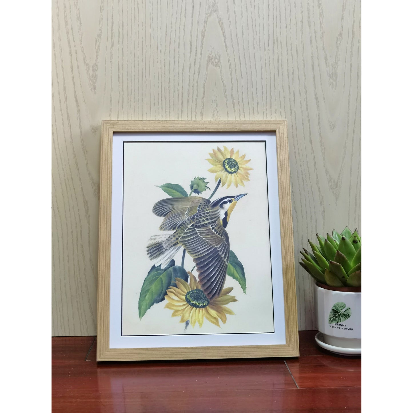 Kansas Western Meadowlark Hand-painted Art Print - Premium MATT Paper, Natural Wood Frame, Multiple Sizes & Colors, Wall & Tabletop Décor
