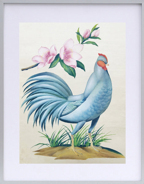 Blue Hen Chicken State Bird Handmade Art Printing Delaware Peach Blossom with Wood Frame