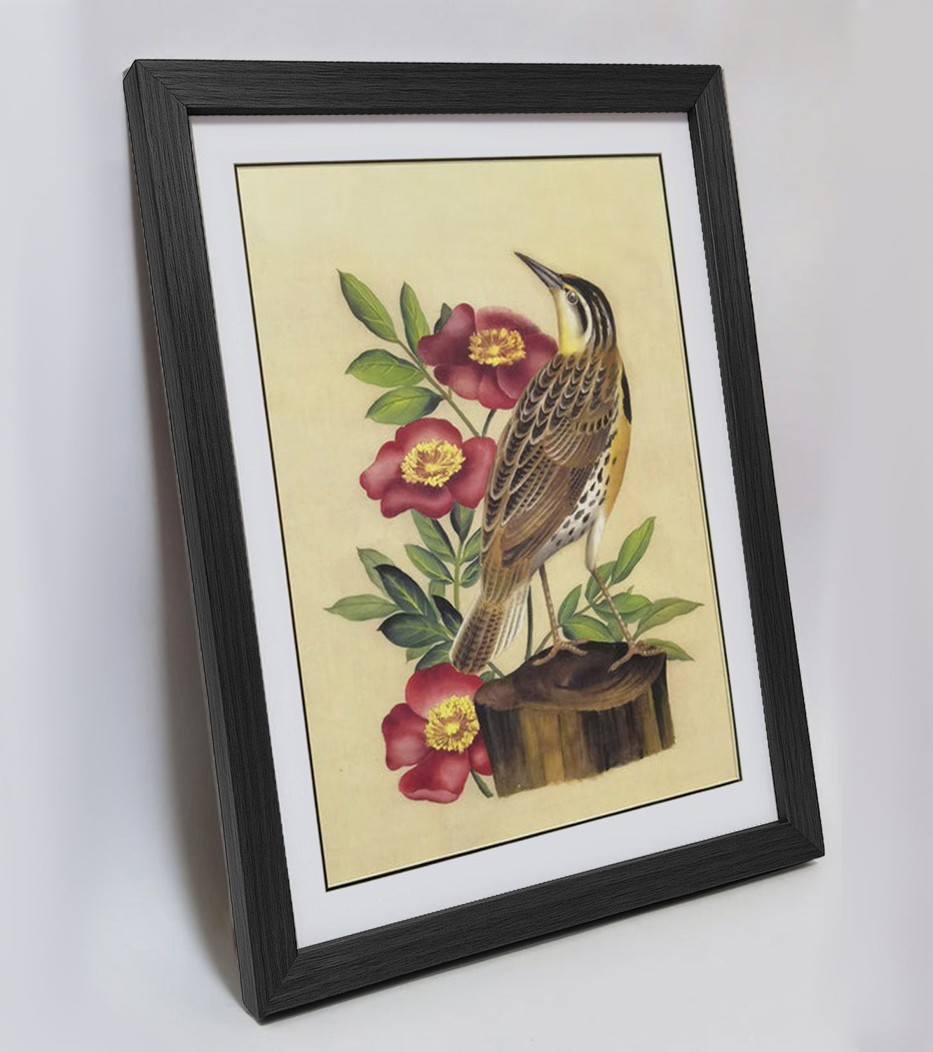 North Dakota Western Meadowlark Hand-painted Art Print - Premium MATT Paper, Natural Wood Frame, Multiple Sizes & Colors, Wall & Tabletop Décor