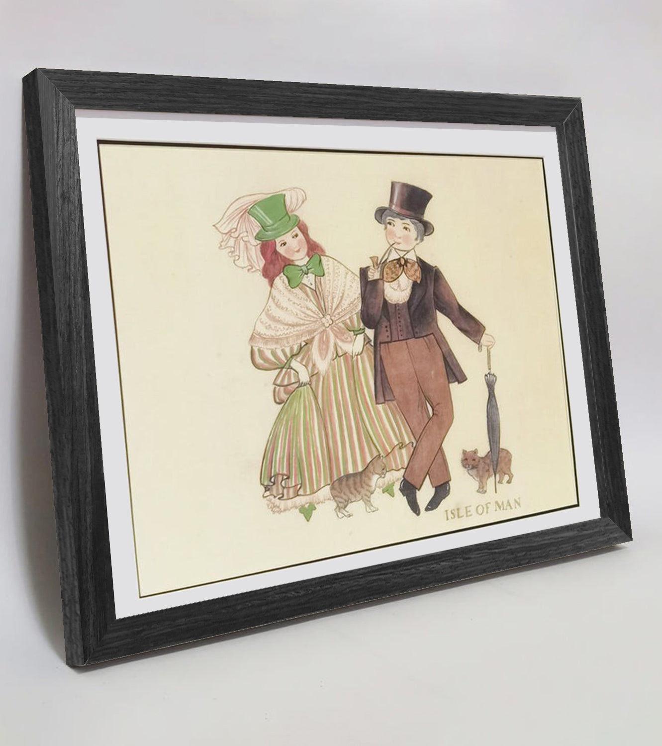 Hand-painted Isle of Man Folk Art Print – Traditional Costumes, Natural Wood Frame, Premium MATT Paper, Multiple Sizes & Colors