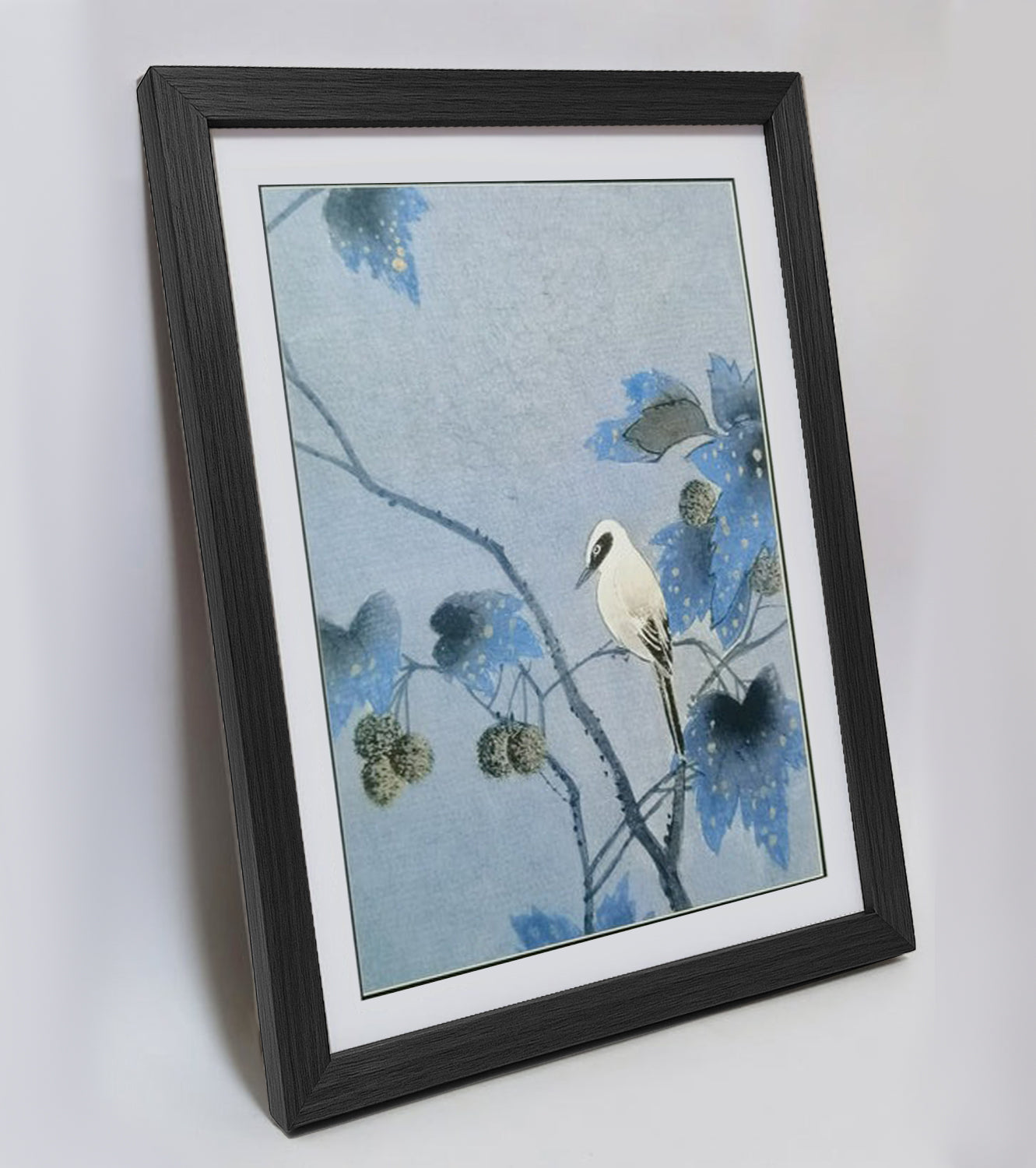 Hand-painted Nightingale on Paulownia Tree Branch Artwork – Watercolor Technique, Premium MATT Paper, Natural Wood Frame, Multiple Sizes & Colors