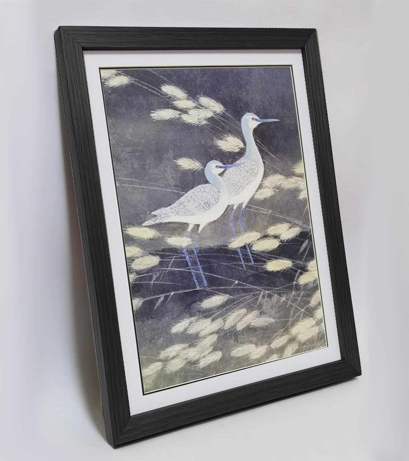 Hand-painted Blue Cormorant in Reed Bed Artwork – Watercolor Technique, Premium MATT Paper, Natural Wood Frame, Multiple Sizes & Colors