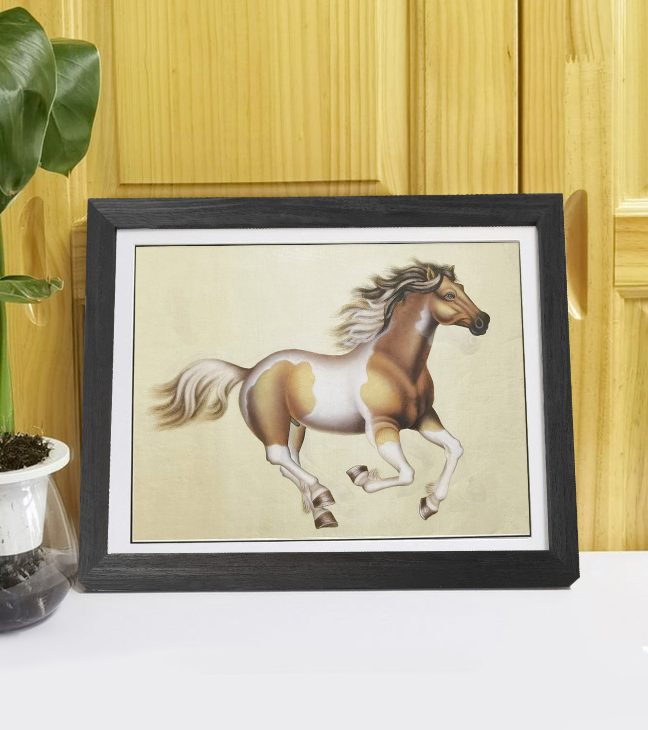 Hand-painted Ochre White Horse Artwork – Fine Brush Technique, Premium MATT Paper, Natural Wood Frame, Multiple Sizes & Colors