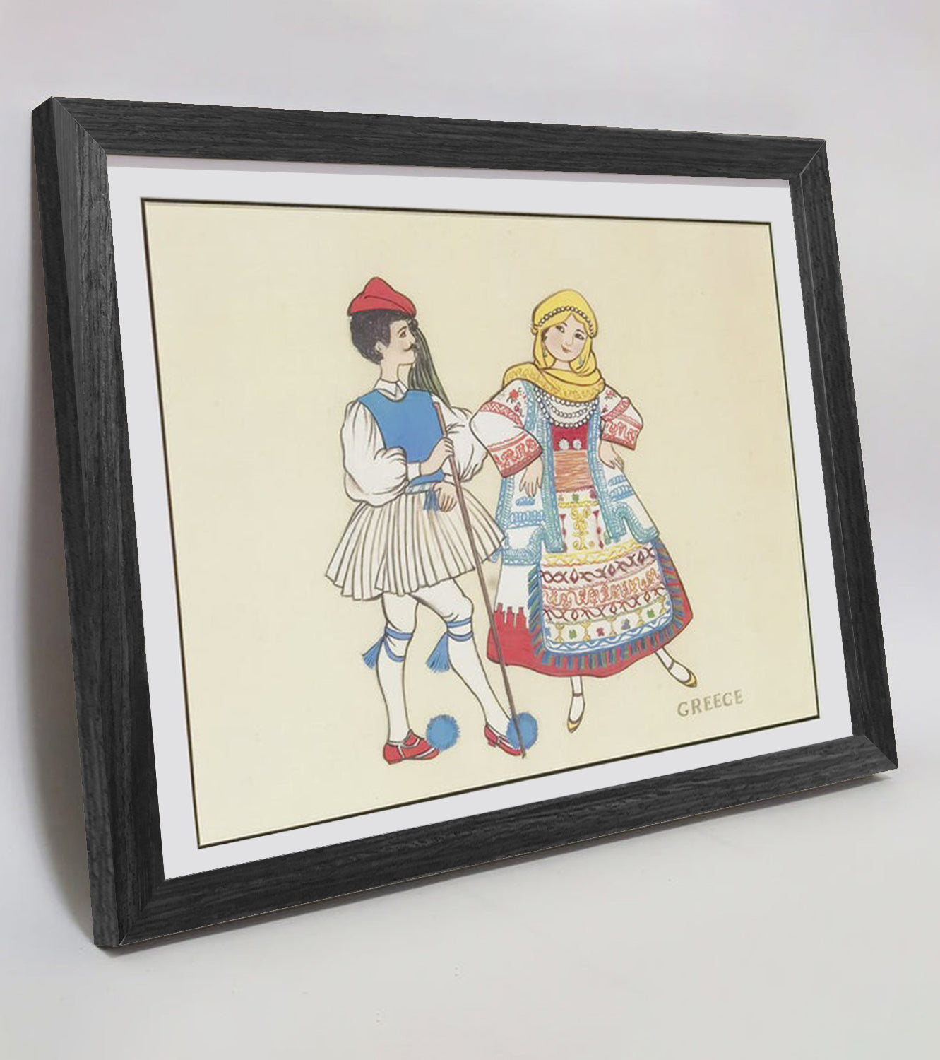 Hand-painted Greek Traditional Folk Art Print – Ethnic Costume, Natural Wood Frame, Premium MATT Paper, Multiple Sizes & Colors