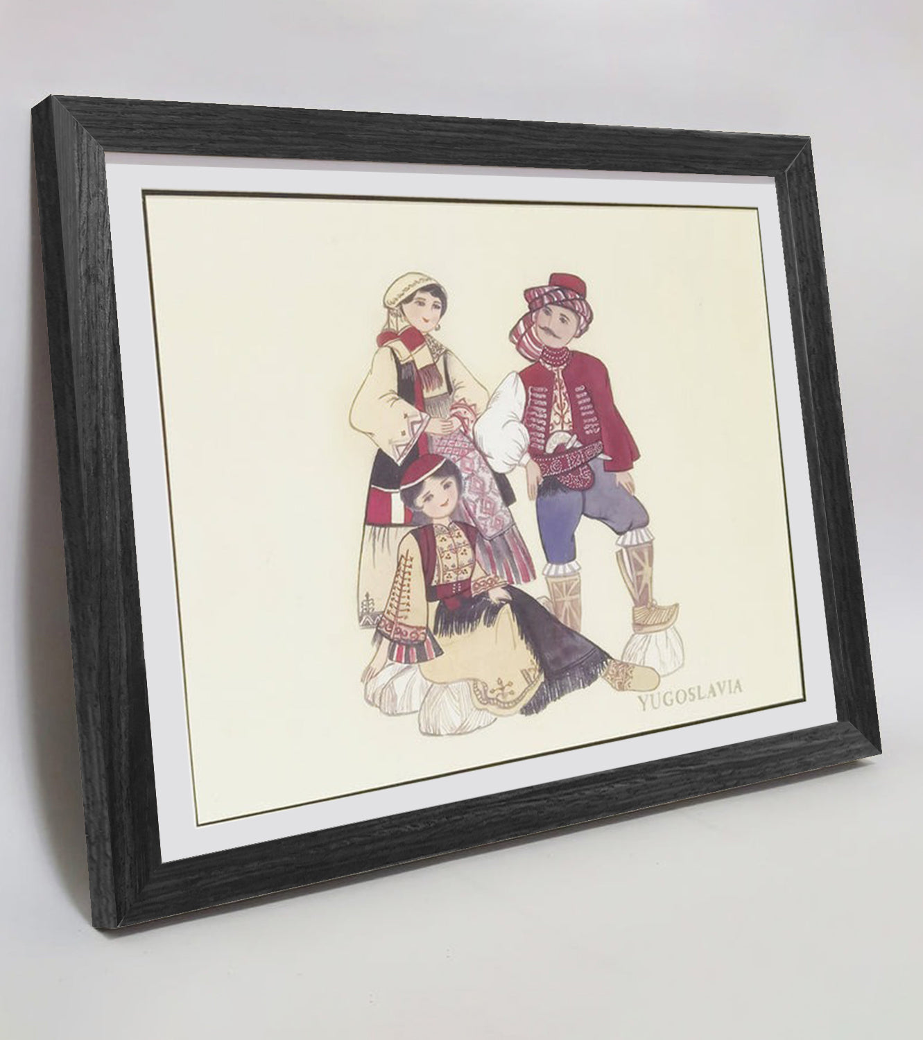 Yugoslavian Traditional Indigenous Family Life & Ethnic Costume Hand-painted Art Print - Premium MATT Paper, Natural Wood Frame, Multiple Sizes & Colors