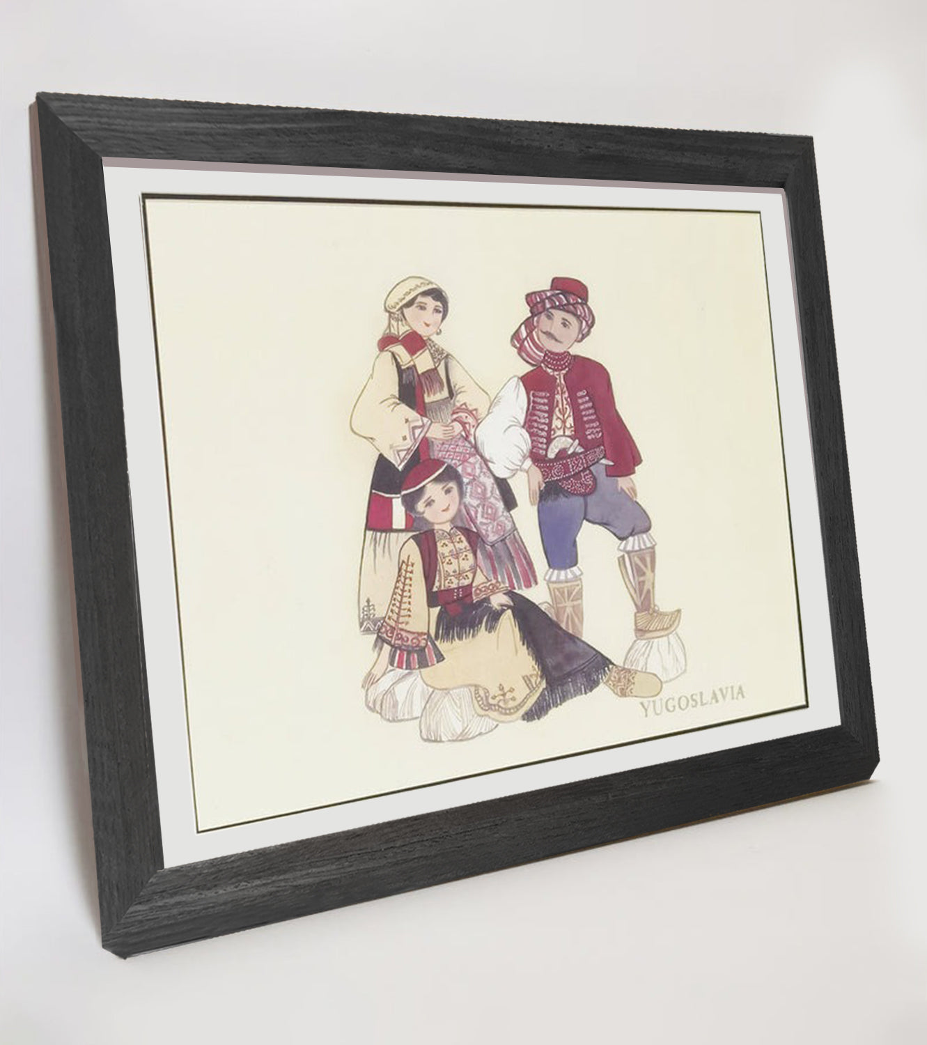 Yugoslavian Traditional Indigenous Family Life & Ethnic Costume Hand-painted Art Print - Premium MATT Paper, Natural Wood Frame, Multiple Sizes & Colors