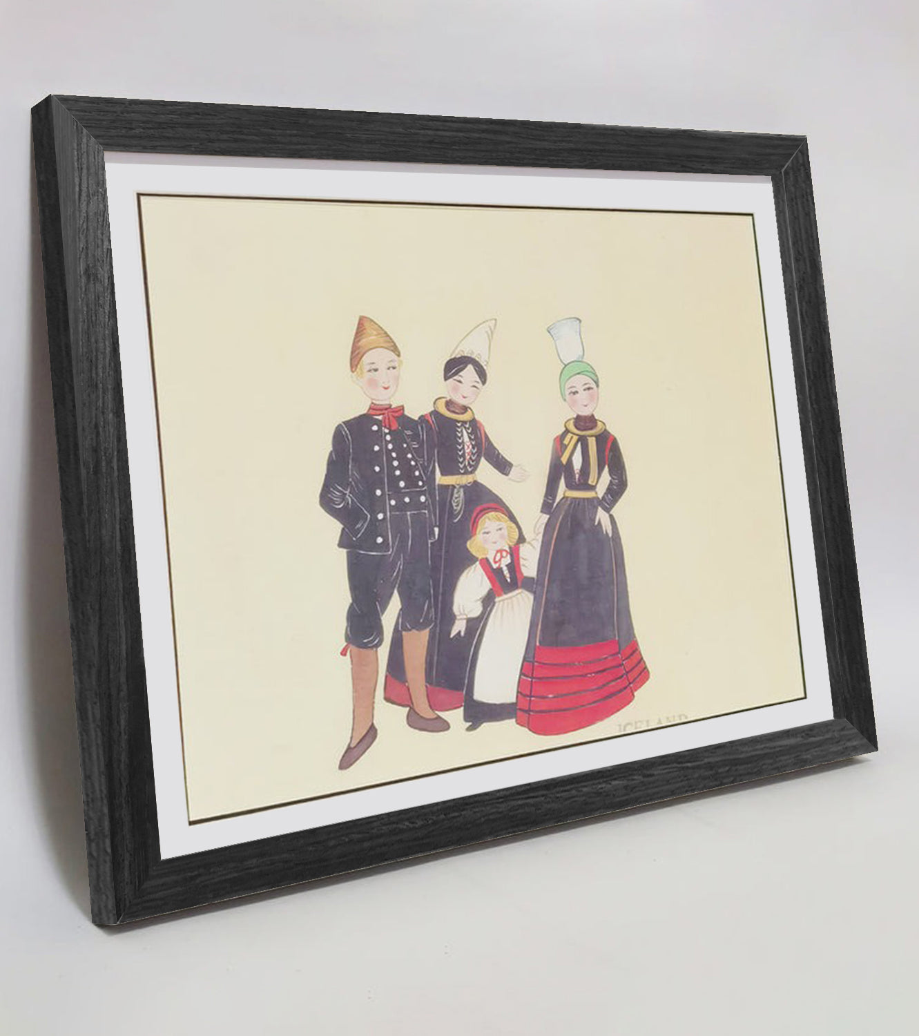 Hand-painted Icelandic Folk Art Print – Traditional Costumes, Natural Wood Frame, Premium MATT Paper, Multiple Sizes & Colors