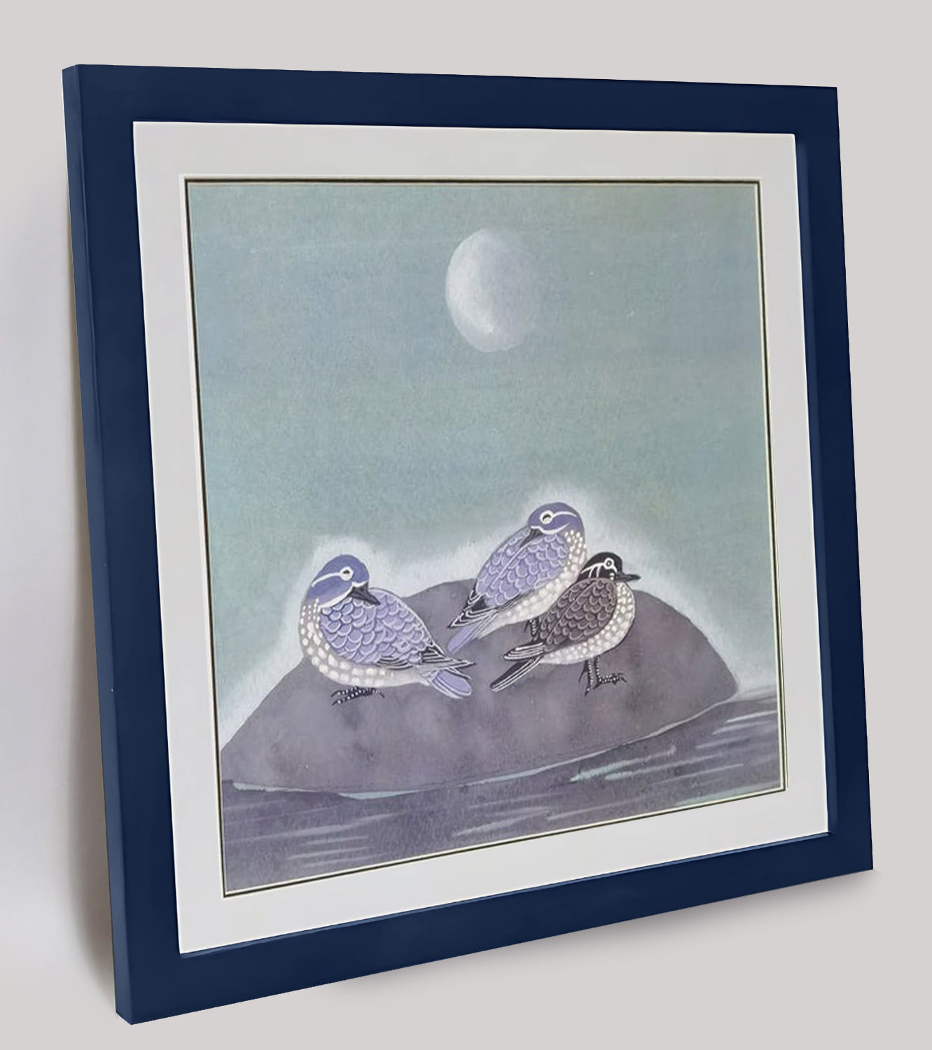 Hand-painted Waterbirds on Rock in Moonlit Night – Watercolor Art Print, Premium MATT Paper, Natural Wood Frame, Custom Sizes & Colors