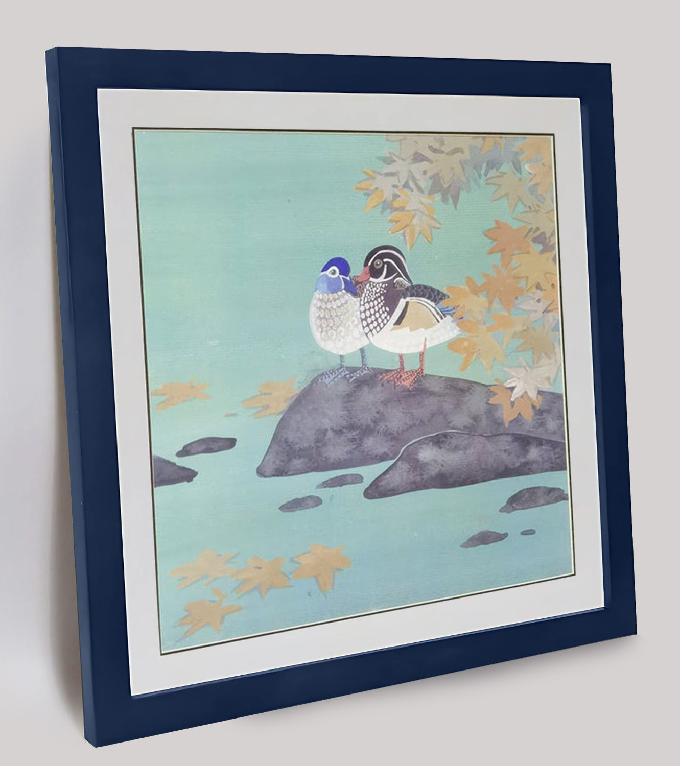 Hand-painted Mandarin Ducks Under Maple Tree – Watercolor Art Print, Premium MATT Paper, Natural Wood Frame, Custom Sizes & Colors