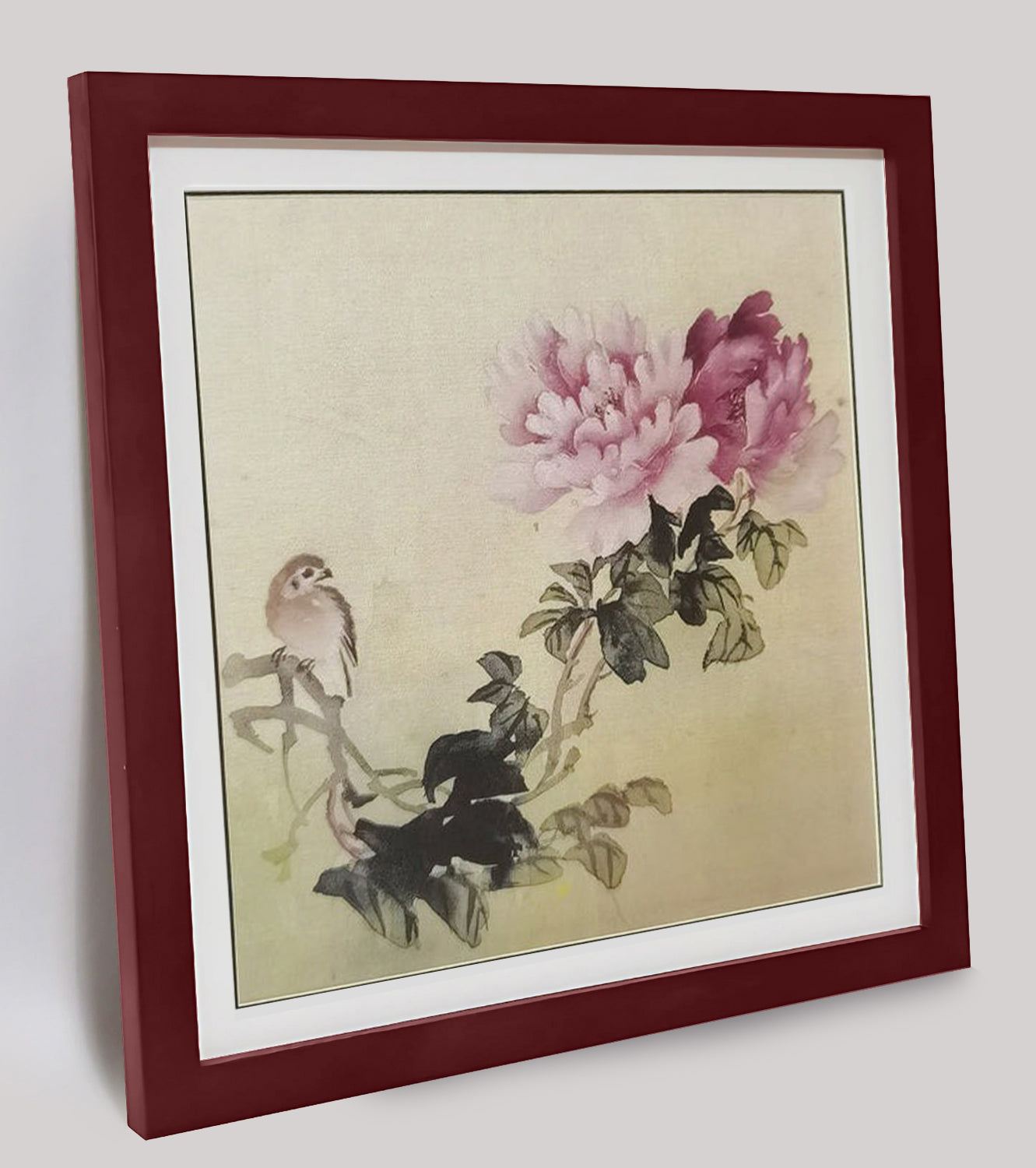 Hand-painted Peony & Bird Watercolor Artwork – Vibrant & Elegant, Premium MATT Paper, Natural Wood Frame, Multiple Sizes & Colors