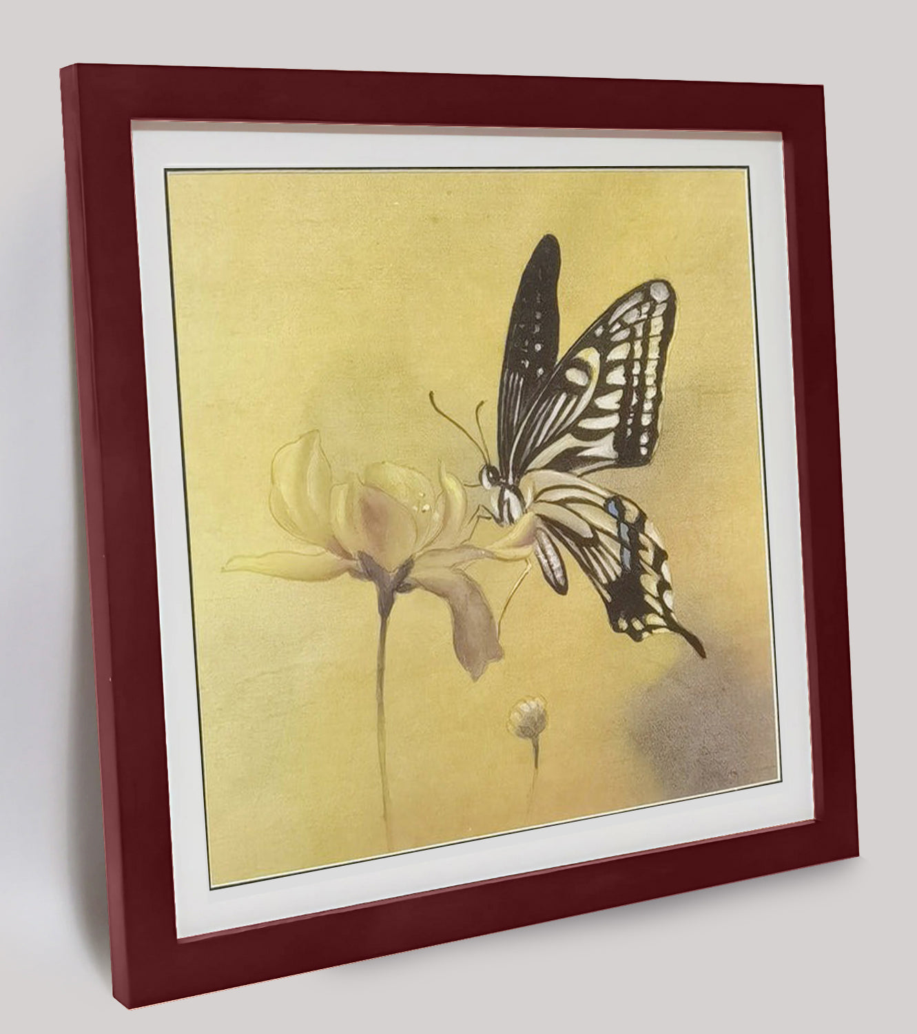 Hand-painted Butterfly on Flower Artwork – Fine Brush Technique, Premium MATT Paper, Natural Wood Frame, Multiple Sizes & Colors