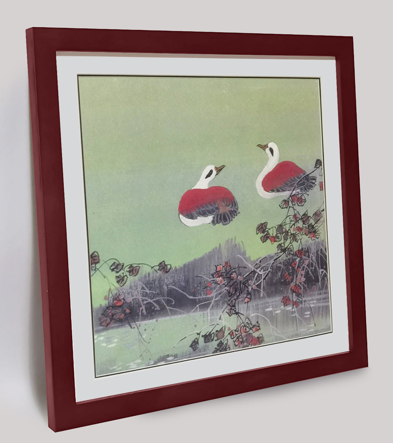 Hand-painted Mandarin Ducks Perched by Pond Artwork – Watercolor Technique, Premium MATT Paper, Natural Wood Frame, Multiple Sizes & Colors
