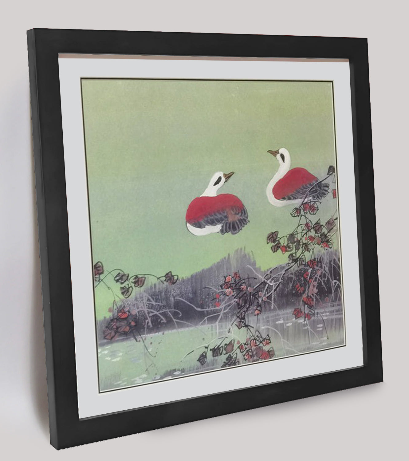 Hand-painted Mandarin Ducks Perched by Pond Artwork – Watercolor Technique, Premium MATT Paper, Natural Wood Frame, Multiple Sizes & Colors