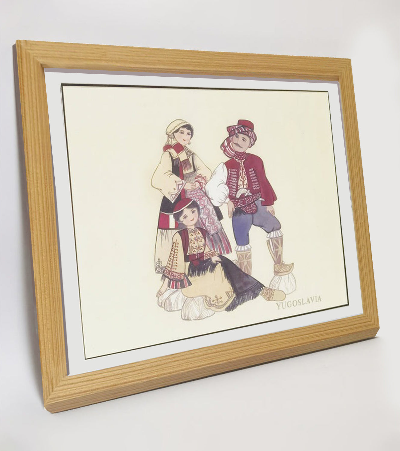Yugoslavian Traditional Indigenous Family Life & Ethnic Costume Hand-painted Art Print - Premium MATT Paper, Natural Wood Frame, Multiple Sizes & Colors