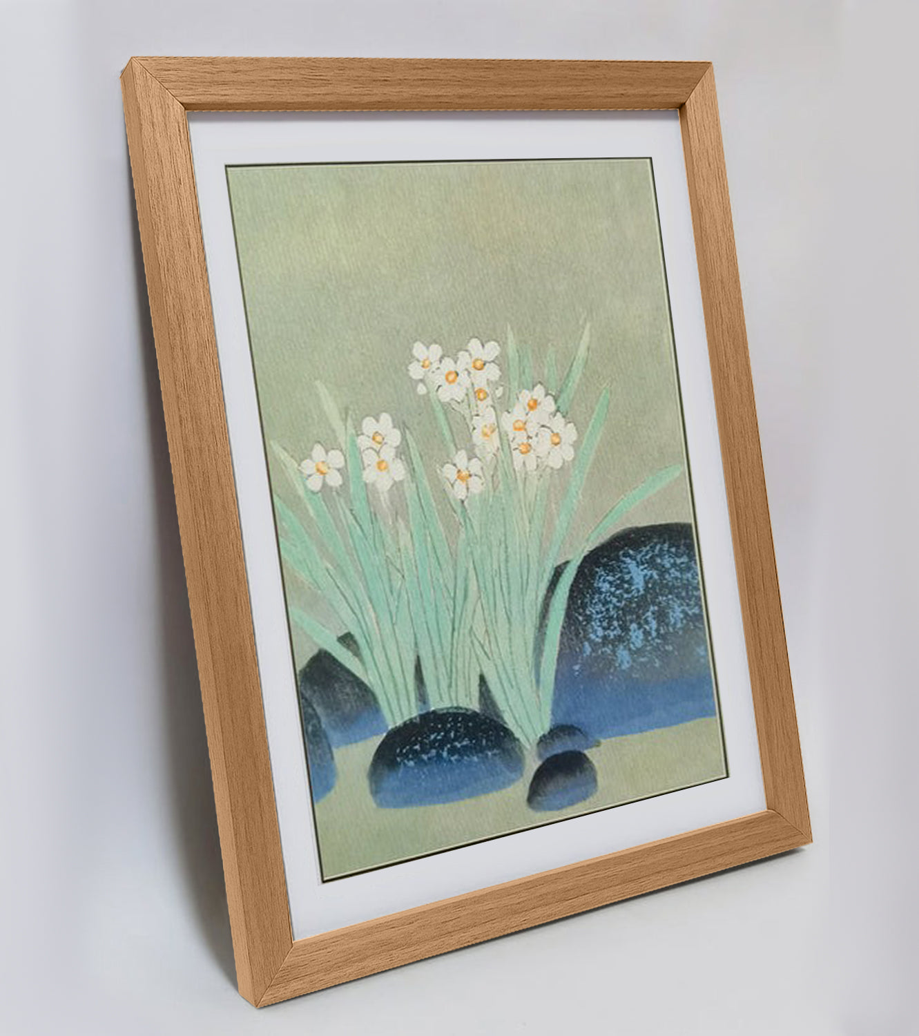 Hand-painted Narcissus Flowers Blooming in Pond Artwork – Watercolor Technique, Premium MATT Paper, Natural Wood Frame, Multiple Sizes & Colors