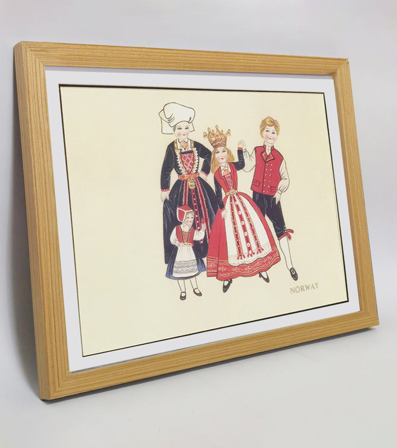 Hand-painted Norway Traditional Family & Costume Art Print – Premium MATT Paper, Natural Wood Frame, Multiple Sizes & Colors
