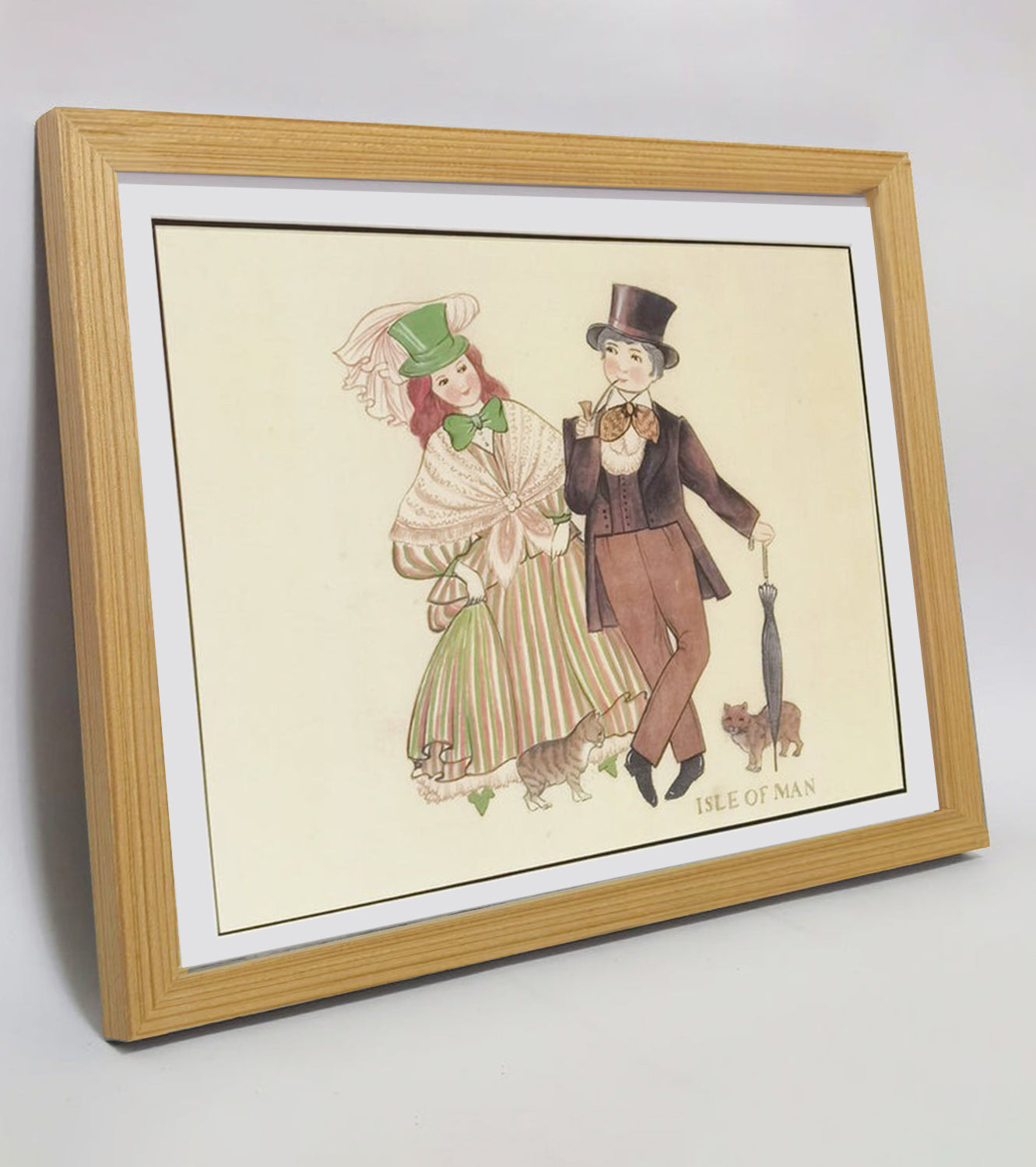 Hand-painted Isle of Man Folk Art Print – Traditional Costumes, Natural Wood Frame, Premium MATT Paper, Multiple Sizes & Colors