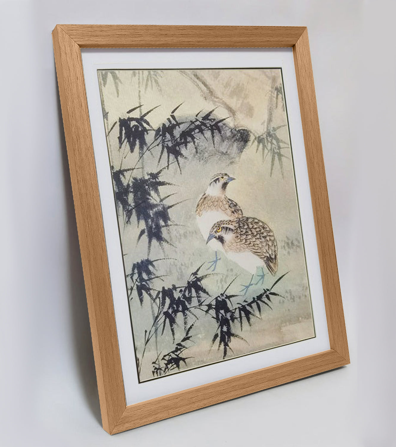 Hand-painted Quails in Bamboo Forest Artwork – Watercolor Technique, Premium MATT Paper, Natural Wood Frame, Multiple Sizes & Colors