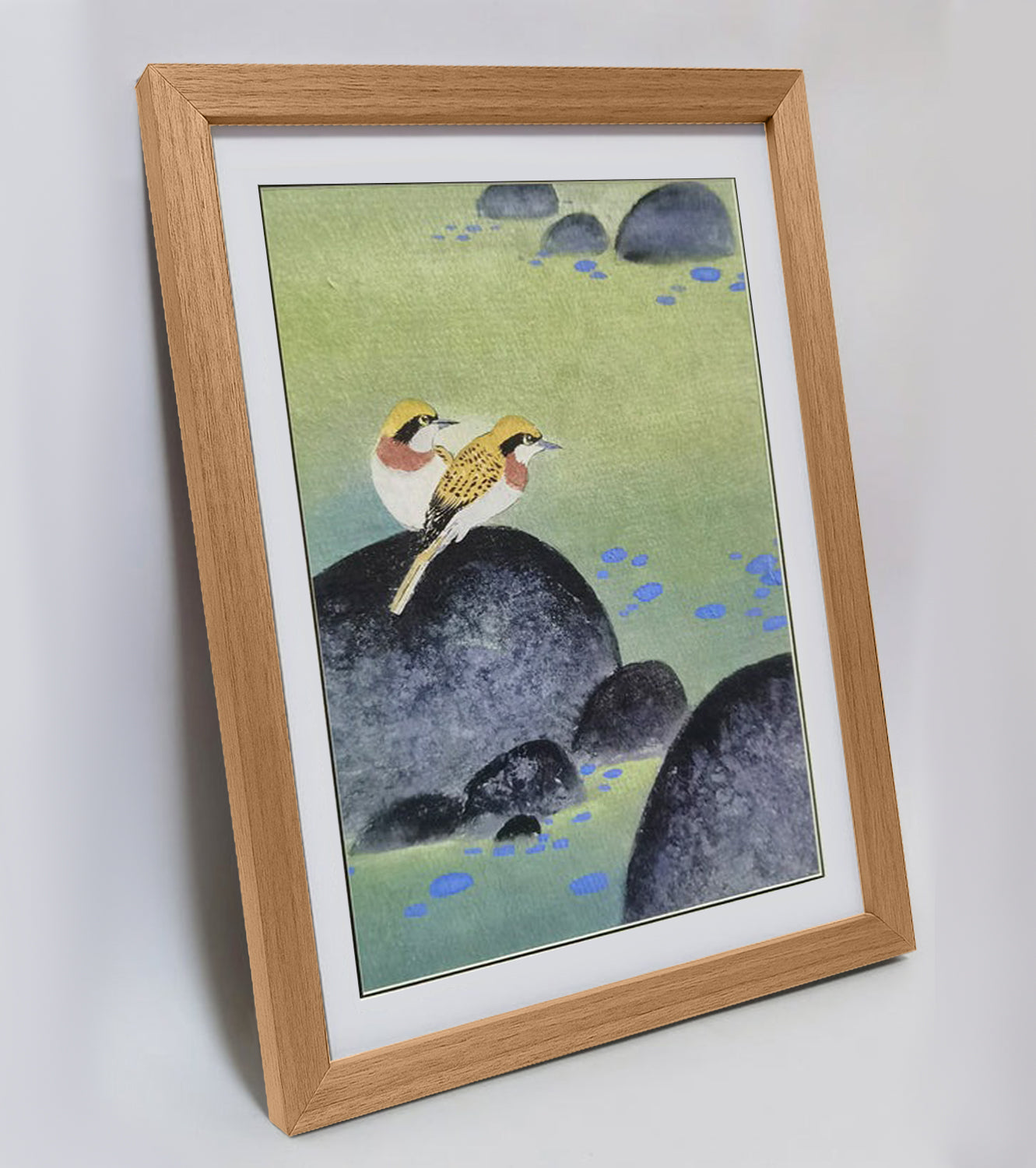 Hand-painted Yellow Warblers on Pond Rocks Artwork – Watercolor Technique, Premium MATT Paper, Natural Wood Frame, Multiple Sizes & Colors