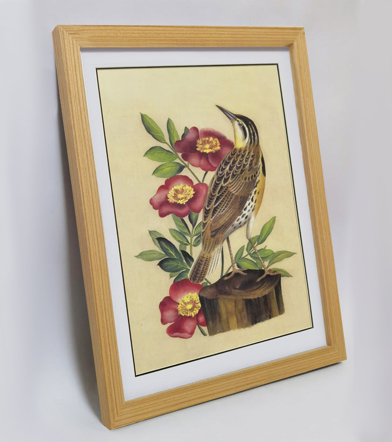 North Dakota Western Meadowlark Hand-painted Art Print - Premium MATT Paper, Natural Wood Frame, Multiple Sizes & Colors, Wall & Tabletop Décor