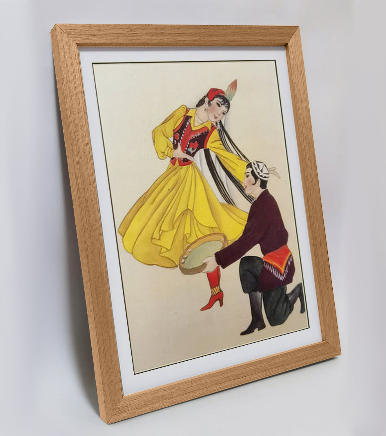 Hand-painted Uyghur Dancers Artwork – Fine Brush Technique, Premium MATT Paper, Natural Wood Frame, Multiple Sizes & Colors