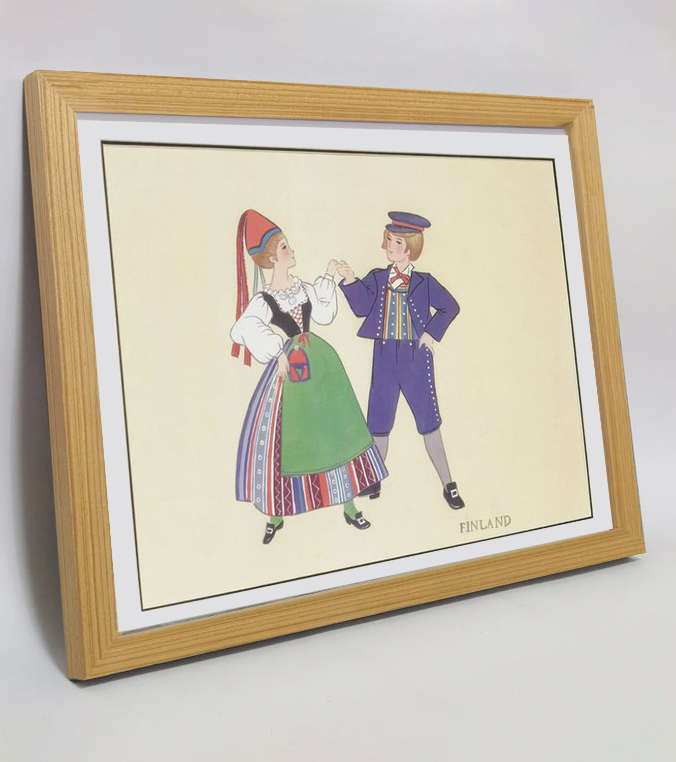 Hand-painted Finnish Folk Art Print – Traditional Costumes, Natural Wood Frame, Premium MATT Paper, Multiple Sizes & Colors