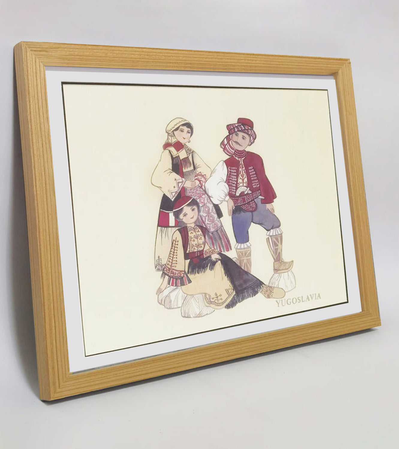 Yugoslavian Traditional Indigenous Family Life & Ethnic Costume Hand-painted Art Print - Premium MATT Paper, Natural Wood Frame, Multiple Sizes & Colors