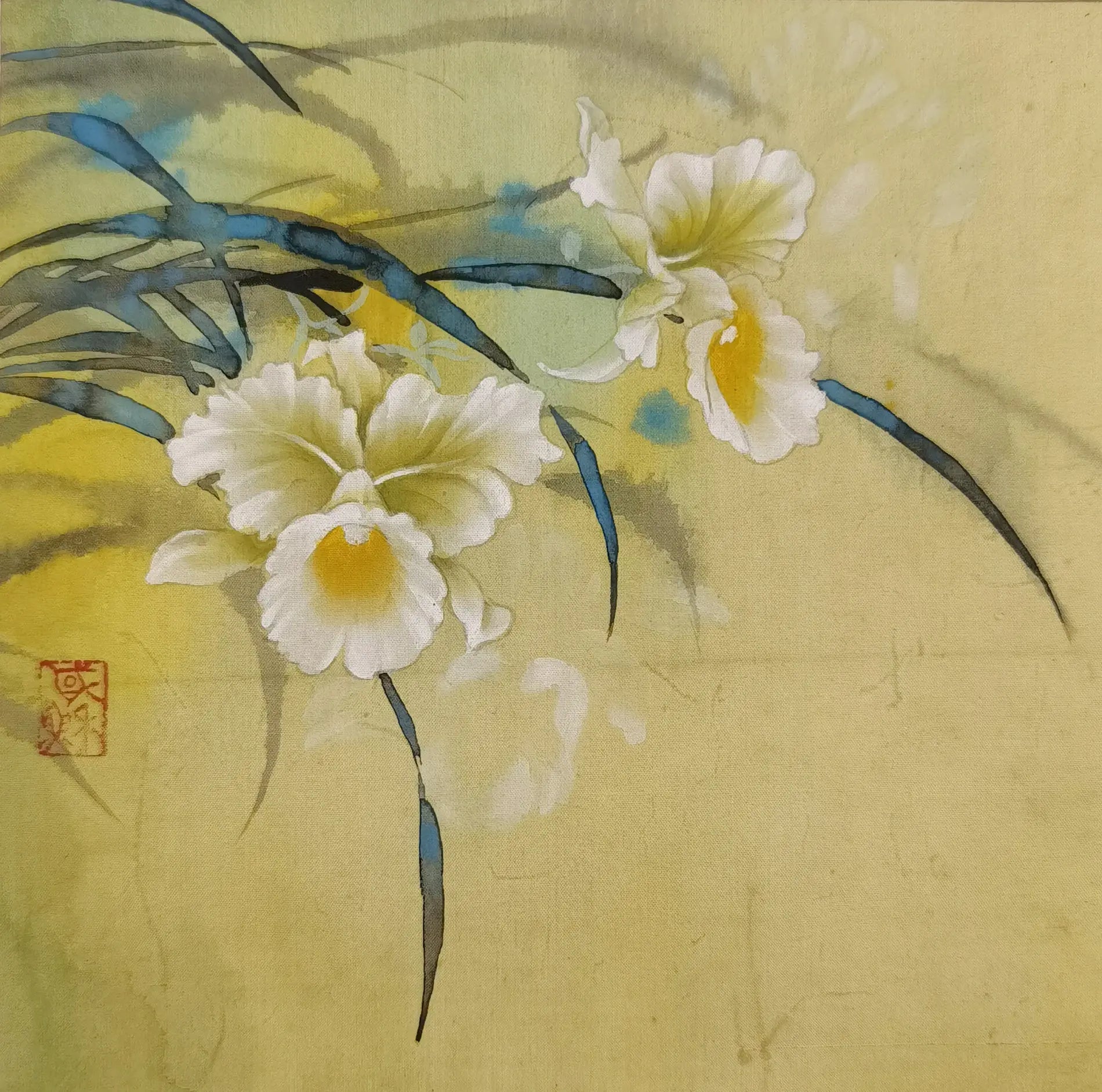 Handmade Paintings Artwork White Cymbidium Orchid Flowers Wall Paintings Silk Art Plants Original Chinese Framed GEM ORIGINAL