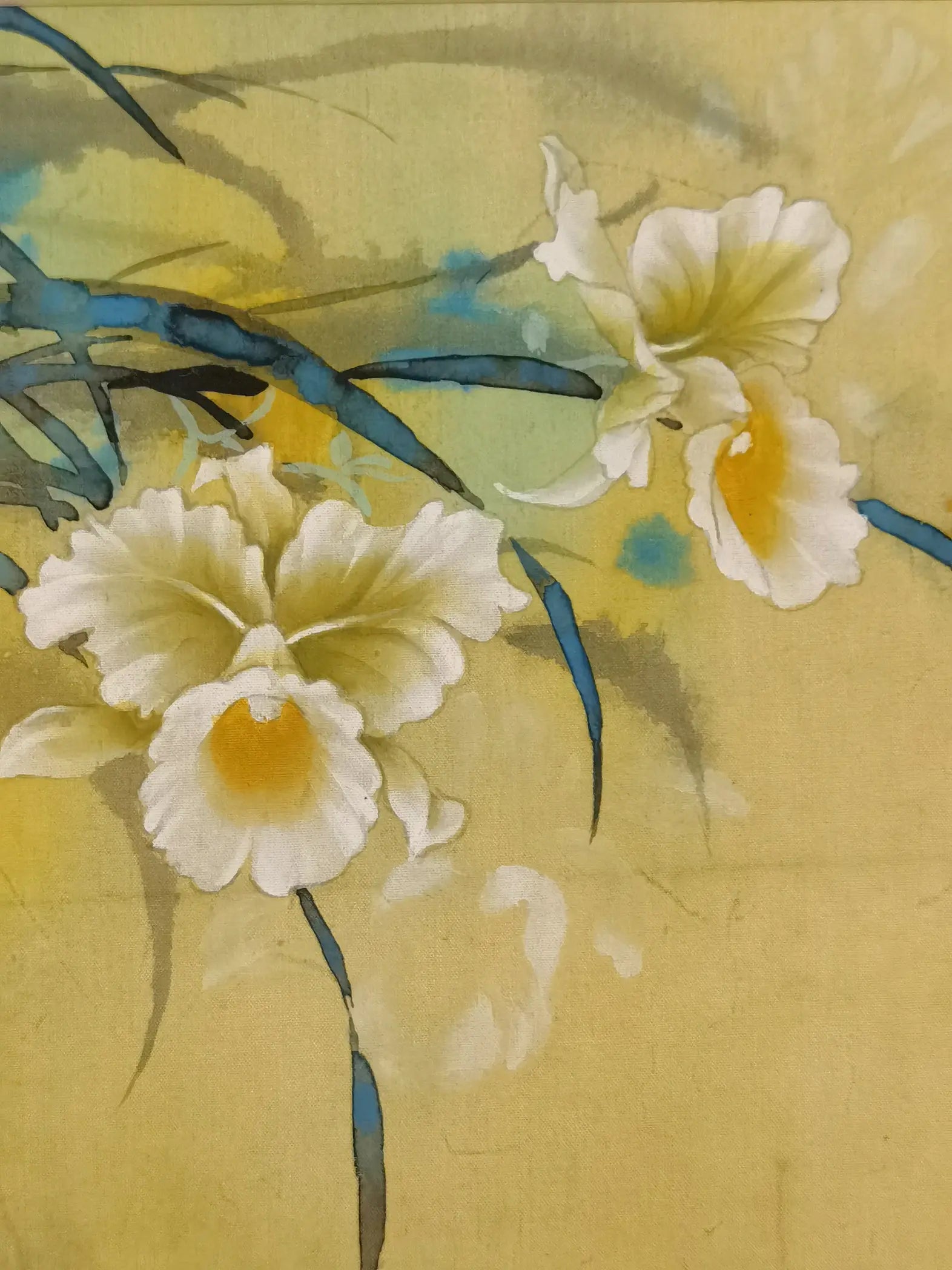 Handmade Paintings Artwork White Cymbidium Orchid Flowers Wall Paintings Silk Art Plants Original Chinese Framed GEM ORIGINAL