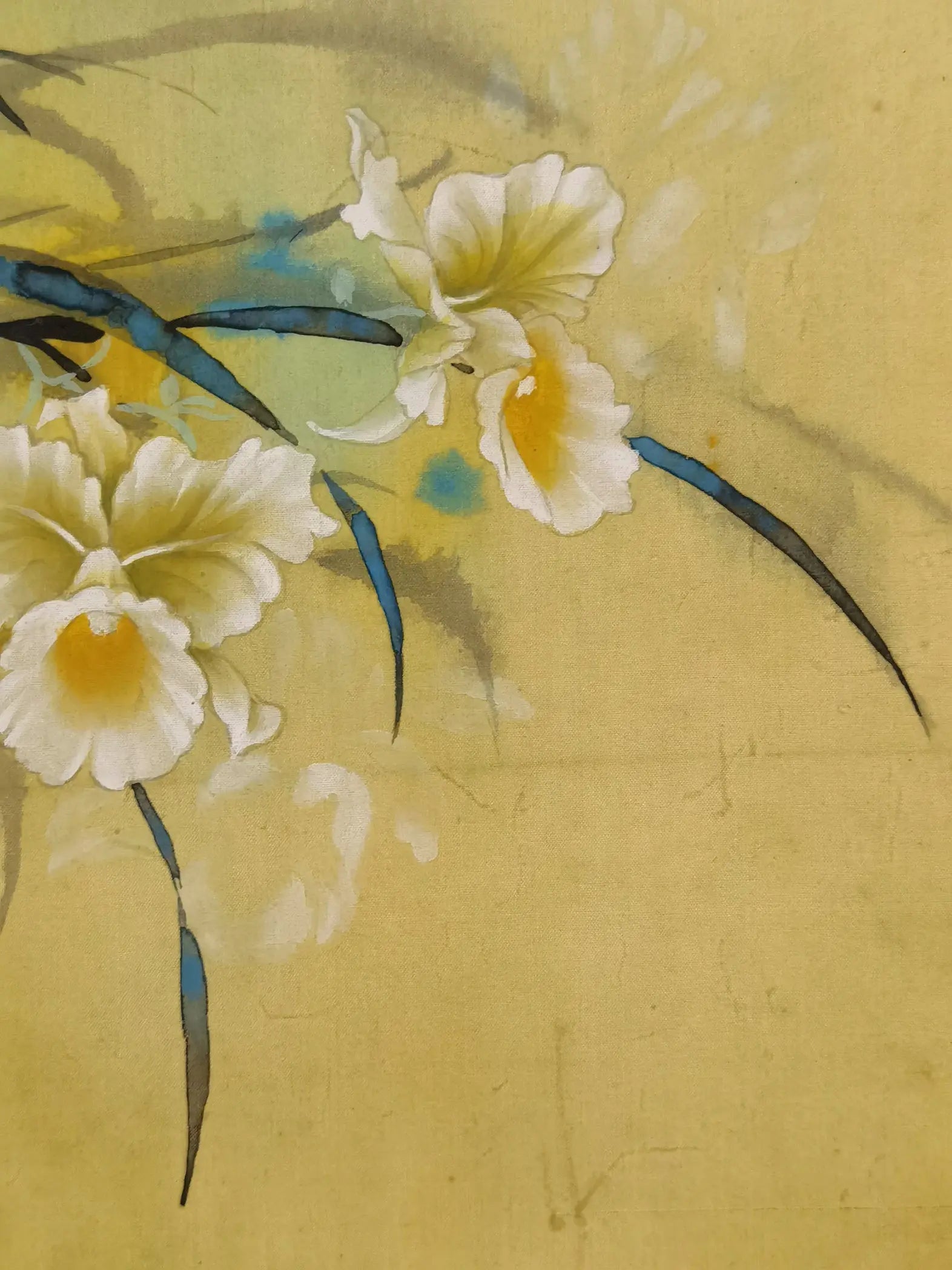 Handmade Paintings Artwork White Cymbidium Orchid Flowers Wall Paintings Silk Art Plants Original Chinese Framed GEM ORIGINAL