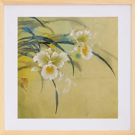 Handmade Paintings Artwork White Cymbidium Orchid Flowers Wall Paintings Silk Art Plants Original Chinese Framed GEM ORIGINAL