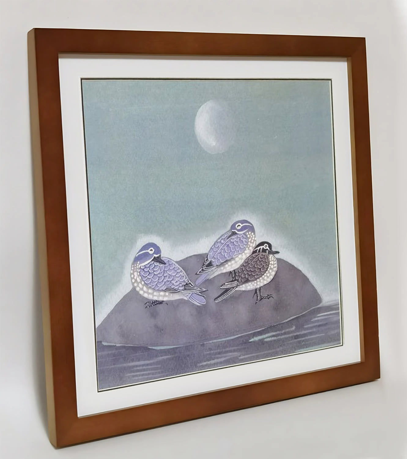 Hand-painted Waterbirds on Rock in Moonlit Night – Watercolor Art Print, Premium MATT Paper, Natural Wood Frame, Custom Sizes & Colors