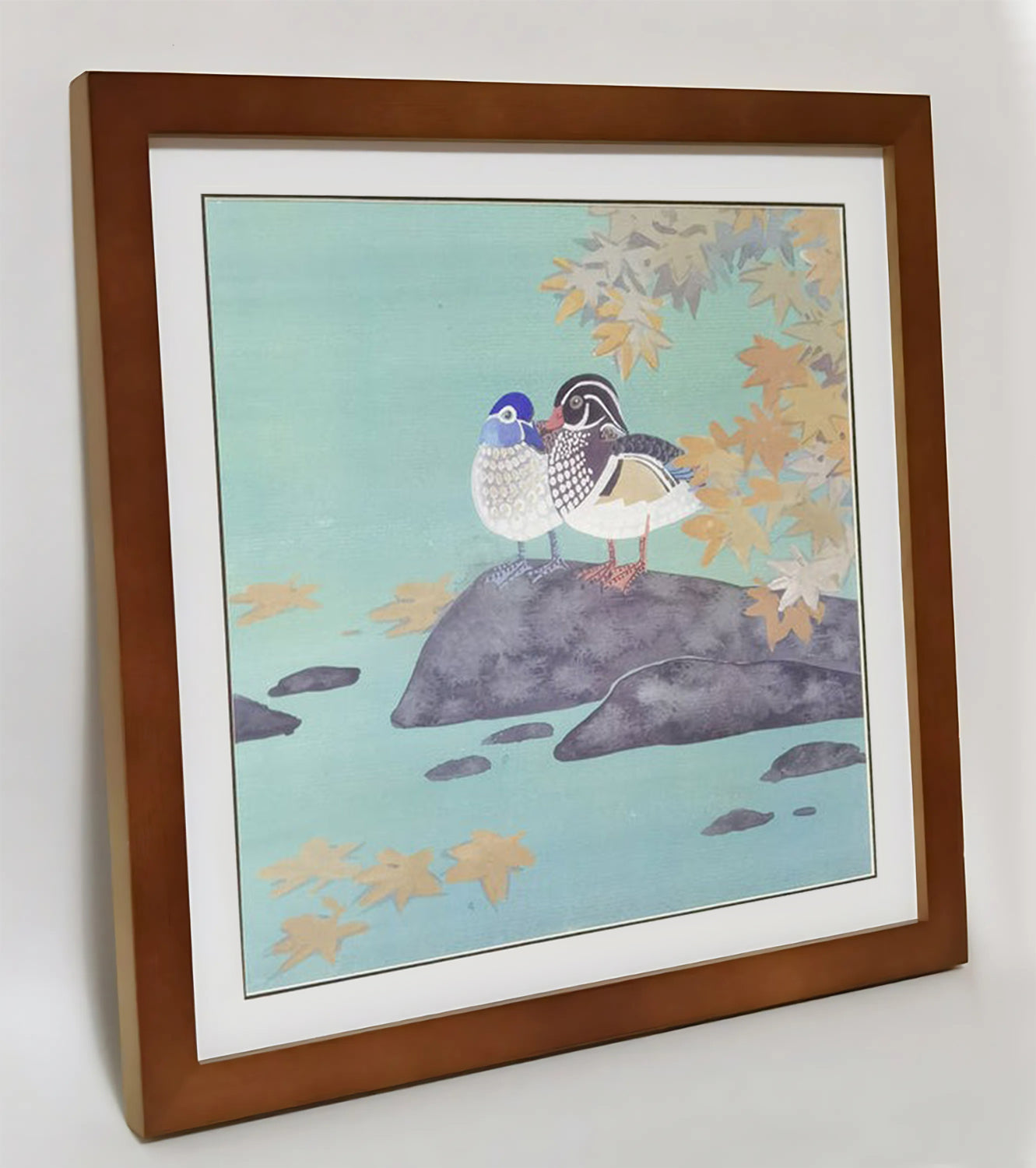 Hand-painted Mandarin Ducks Under Maple Tree – Watercolor Art Print, Premium MATT Paper, Natural Wood Frame, Custom Sizes & Colors