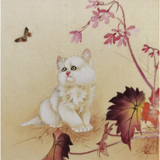 Hand-painted White Cat Staring at Butterfly Art Print – Premium MATT Paper, Natural Wood Frame, Multiple Sizes & Colors