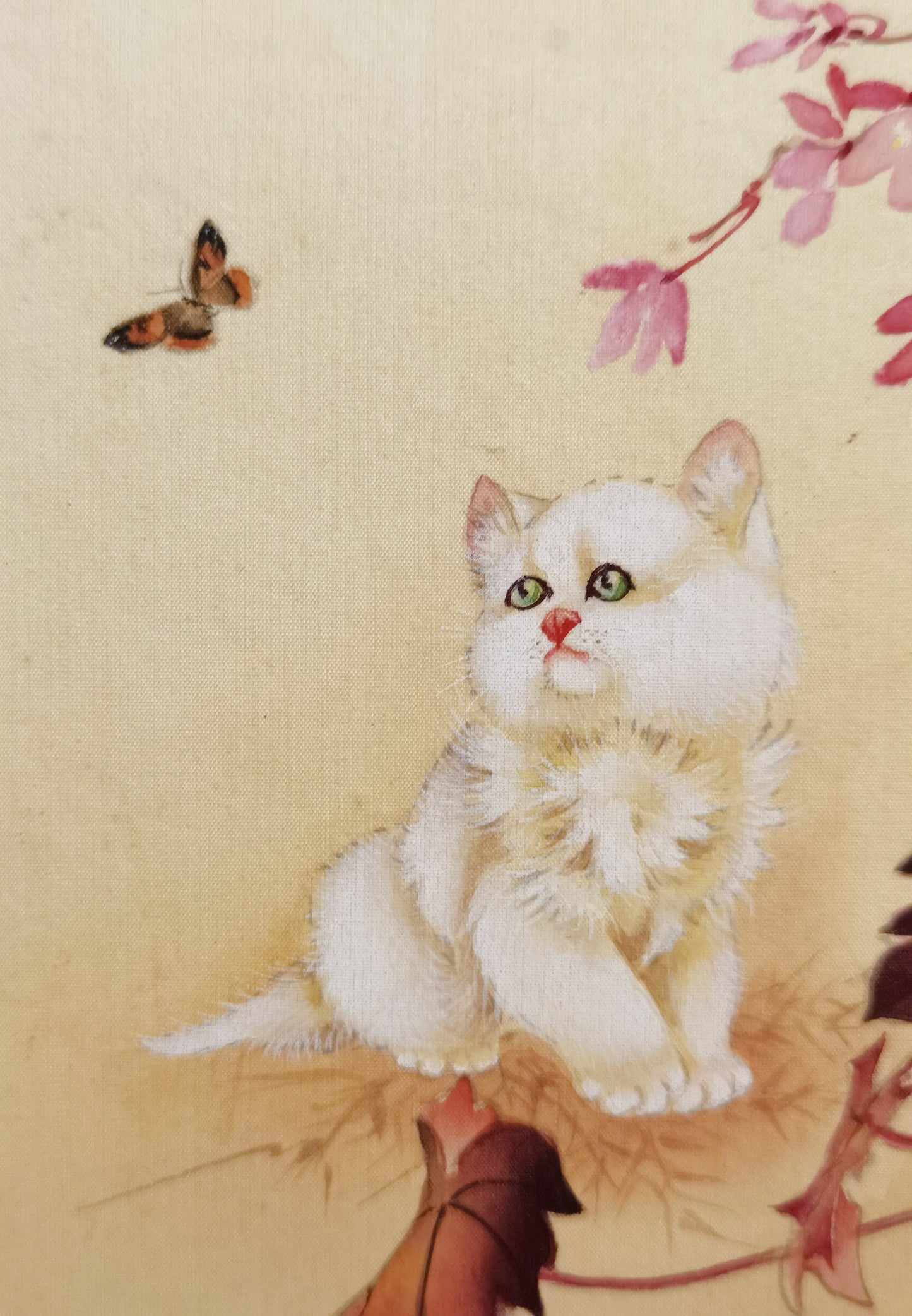 White Cat & Butterflies Perception Handmade Art Printing Animal Insects Plants Cute and Silly with Wood Frame