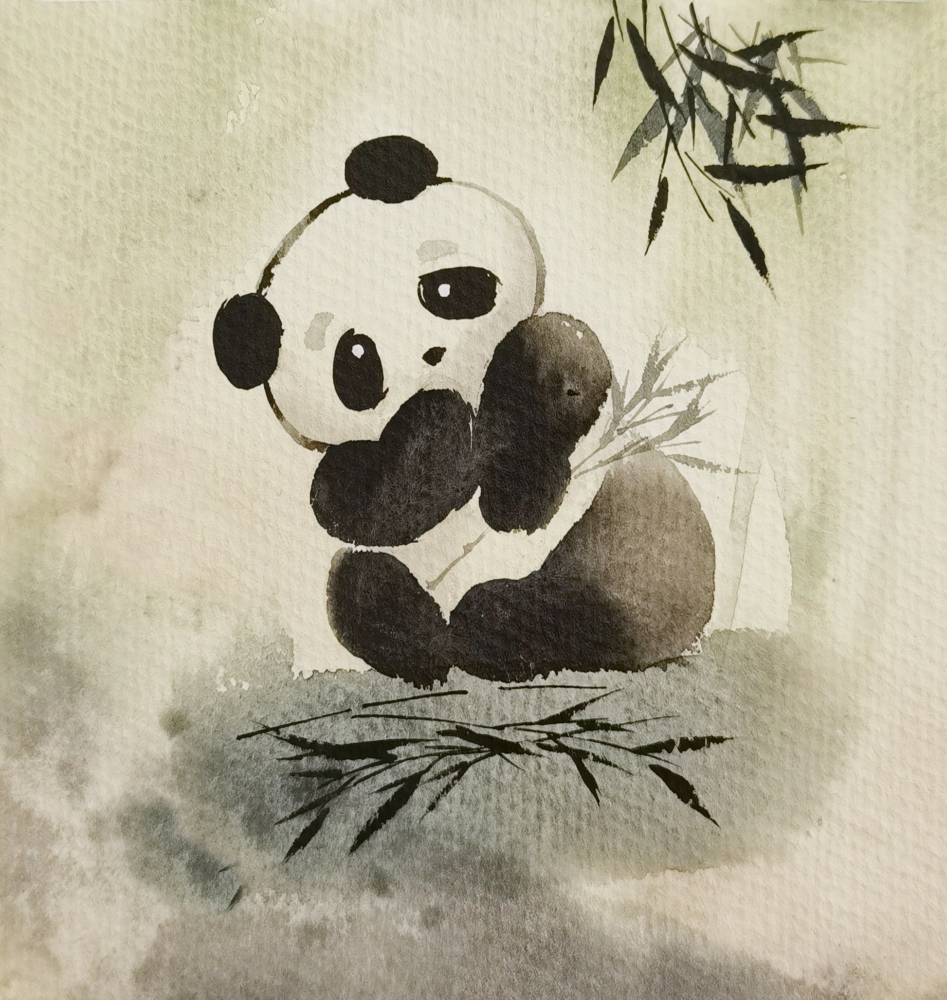 Panda Vividland Handmade Art Printing Bamboo Playful Cute with Wood Frame